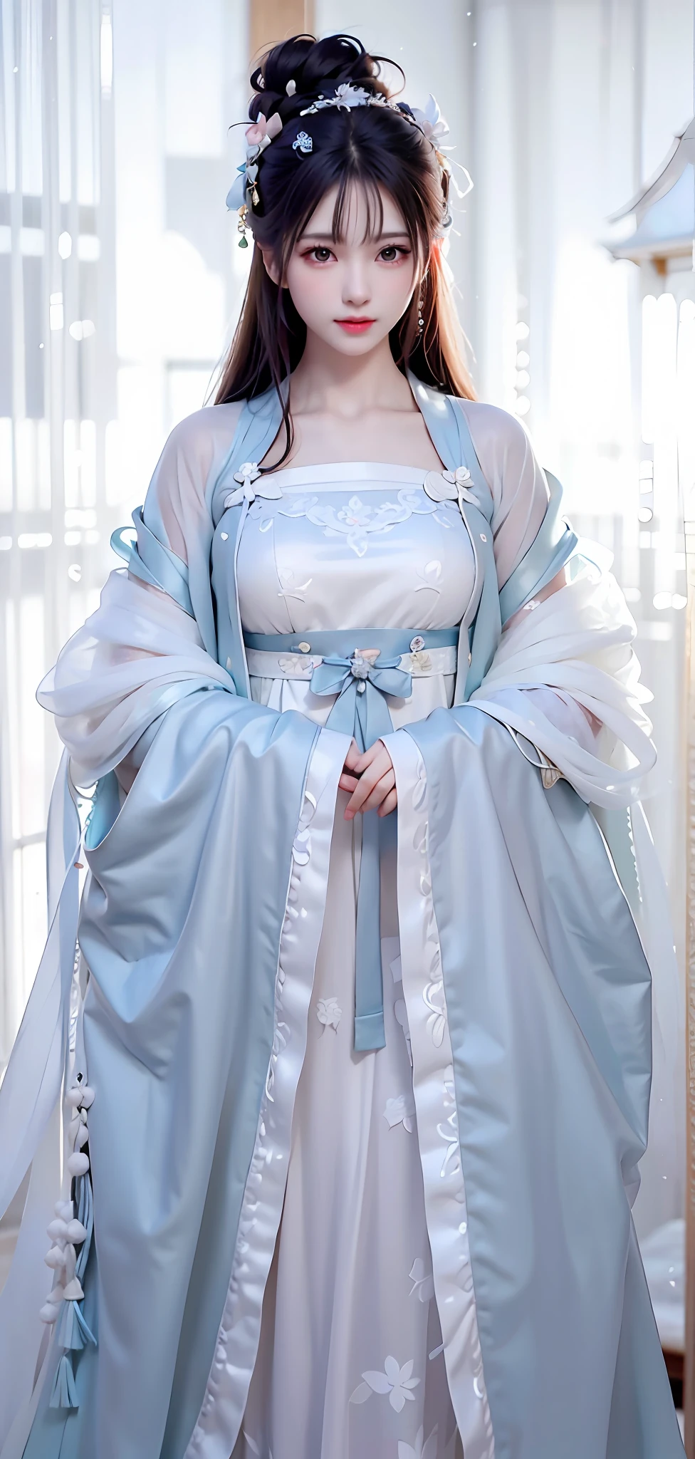 [:(High detail face: 1.2):0.1], (8k, RAW photo, best quality, mastery:1.2), (realistic, photo-realistic:1.37), (((back))),((upper body) ), Best Quality, HDR, Cinematic Lighting, Natural Lighting, Best Quality, Masterpiece, High Resolution, 1girl, Porcelain Dress, Hair Accessories, Necklace, Jewelry, Beautiful Face, Physically, Tyndall Effect, Realistic, dark studio, edge lighting, duotone lighting, 8k uhd, dslr, soft light, high quality, volumetric lighting, photo, high resolution, 4k, 8k, bokeh, ((hanfu)),