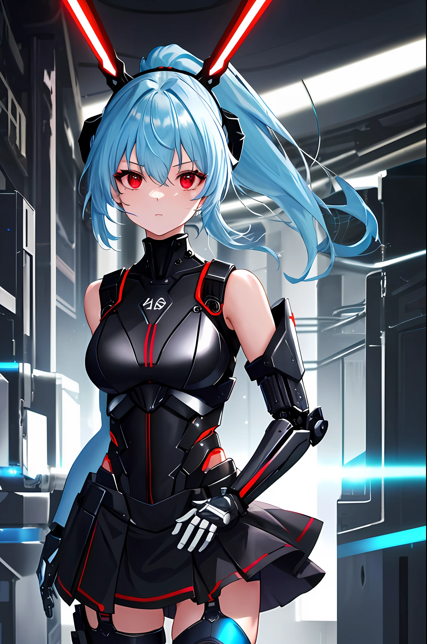 Absurd, very precise details, intricate details, highly detailed 8K wallpaper, (transcendently beautiful girl: 1.5), BREAK, light blue hair, ponytail, shoulder-to-back, back focus, (beautiful bare back), (beautiful bare shoulders), (red line exoskeleton leotard: 1.4), (red eyes: 1.1), BREAK, (mechanical joints, mechanical limbs: 1.4), perfect five fingers, Headgear covered up to the ears, (black miniskirt), cyberpunk, neon lights