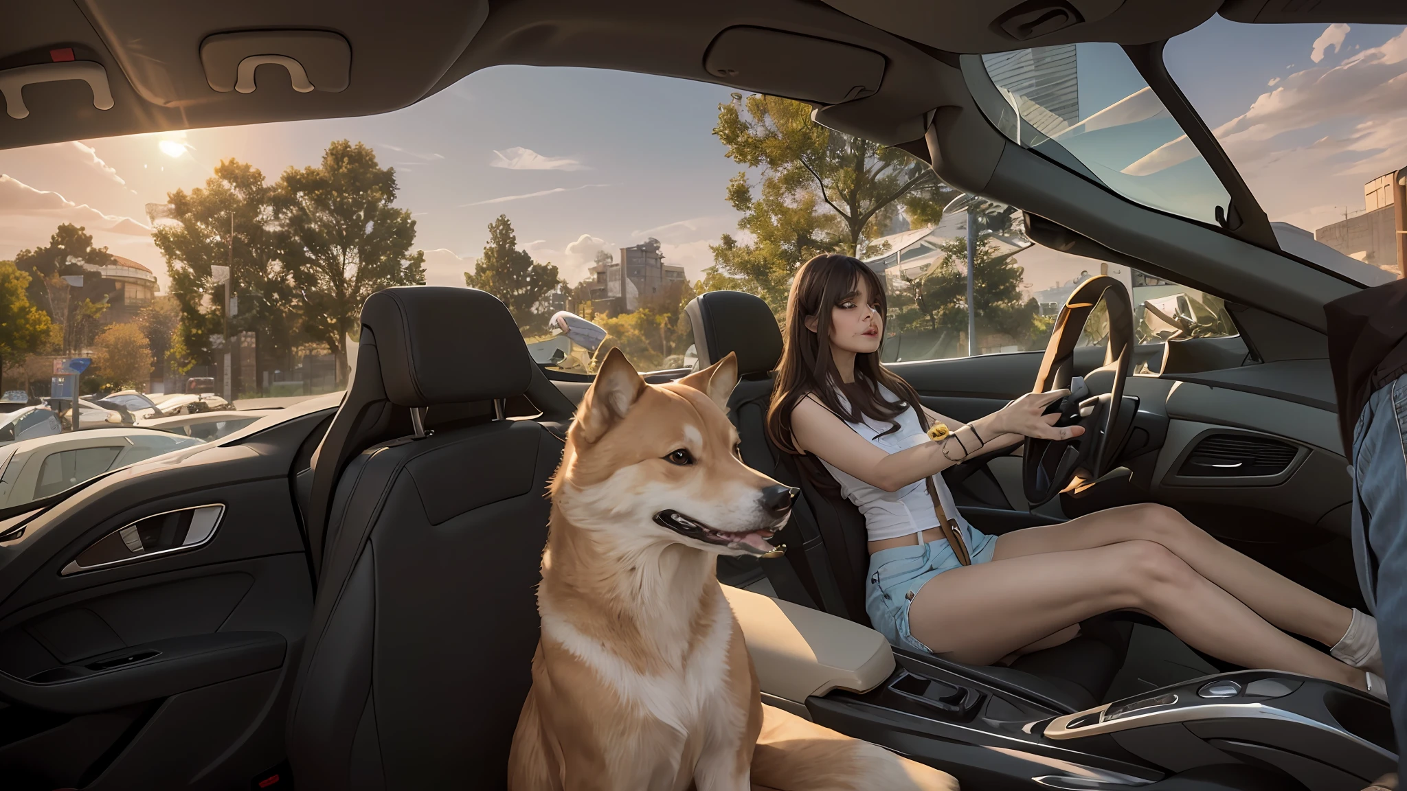 Highest quality, outstanding details, super high resolution, (fidelity: 1.4), best illustration, favor details, highly condensed 1girl, with a delicate and beautiful face, driving pale yellow plaid vest, denim shorts, delicate skin, delicate makeup, upper body, close-up, passenger seated with a Shiba Inu, 8k, RAW photo, best image quality, masterpiece, realism, divided bangs, long hair,