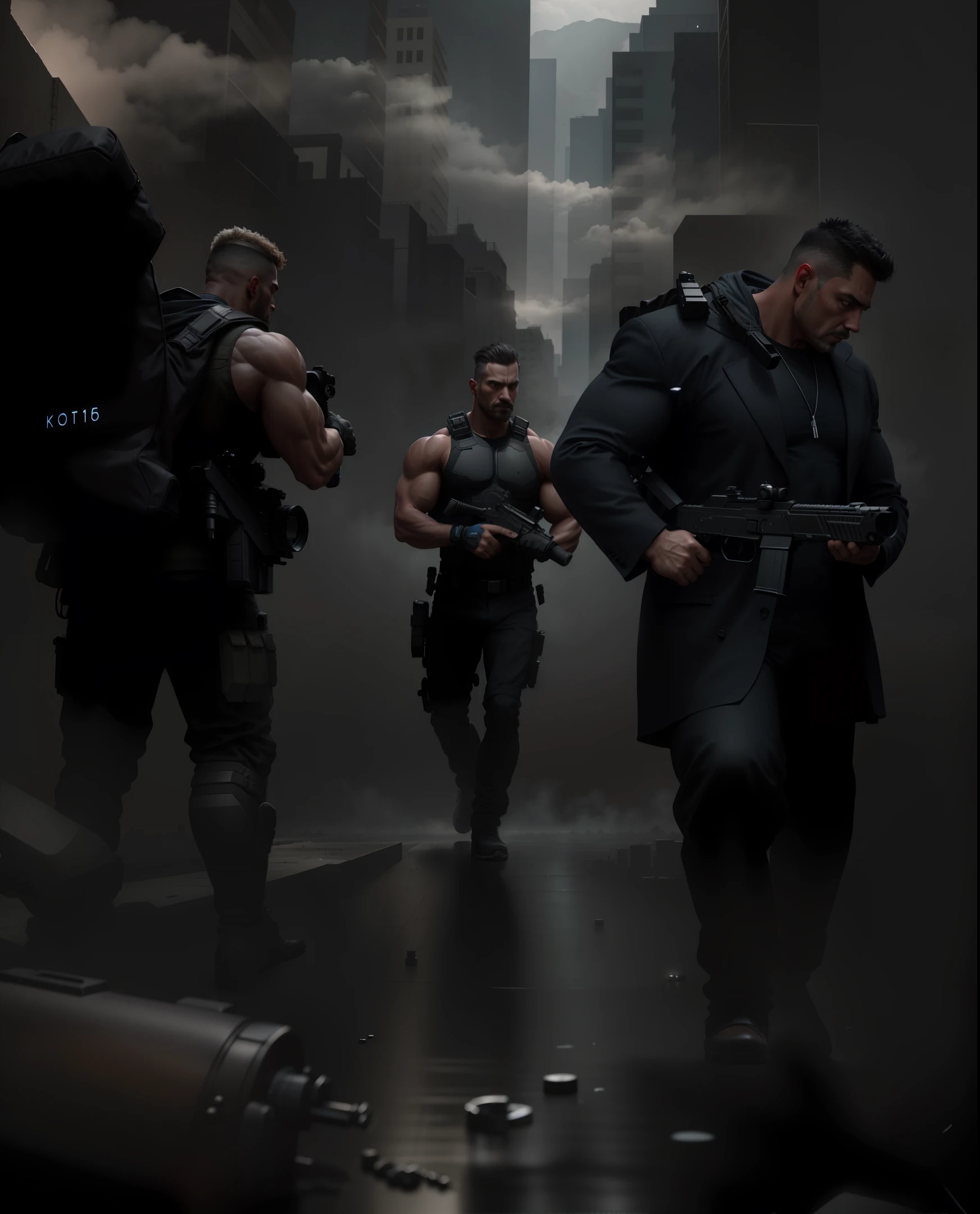 fitness man,strong man holding a gun,one man standing holding a gun and the other man on the ground, a shadowy city behind man, ultra realistic image, HD image, Full HD, Full definition, realism, ultra realistic quality, photography,professional photo, 8K, cinematic lighting, photographic, Eastman Kodak Color Negative film 5251 50T shot on panavision super ps . No arms,Light through the mist morning fog, highly detailed, photorealistic portrait, bright studio setting, studio lighting, crisp quality and light reflections, unreal engine 5 quality render, realistic face,naturals body figure on Instagram, full body shot, telephoto lens, 50mm --auto --s2