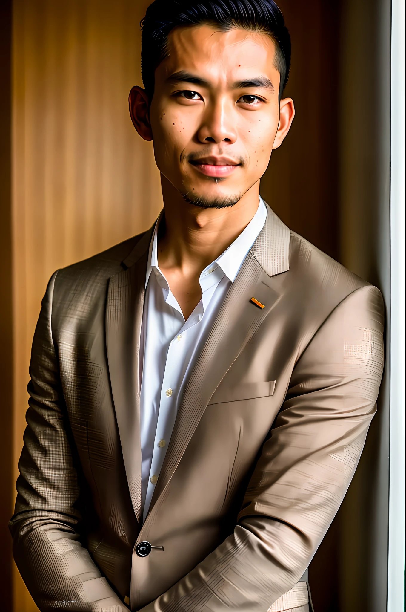 world press photo winner, (award-winning photography:1.3), (modern indonesian man wearing casual suit, handsome face, young man, indonesian skin tone, typical Indonesian male features:1.4), (8k, RAW photo, best quality:1.3), (realistic, photo-realistic, modest clothes:1.1), inspiring, Portait of 2 (handsome typical modern indonesian men indoors:1.5), analog style (look at viewer:1.2) (skin texture) (film grain:1.3), (warm hue, warm tone:1.2), close up, cinematic light, sidelighting, ultra high res, best shadow, RAW, wearing teacher uniform, Microgeometry, skin elasticity, light scattering through hair, ambient occlusion, multi-layer skin shading, facial muscle simulation, iris and pupil rendering, advanced color grading, casual outfit, smirking, medium shot, dynamic poses, crossing hands, big eyes, holding hands