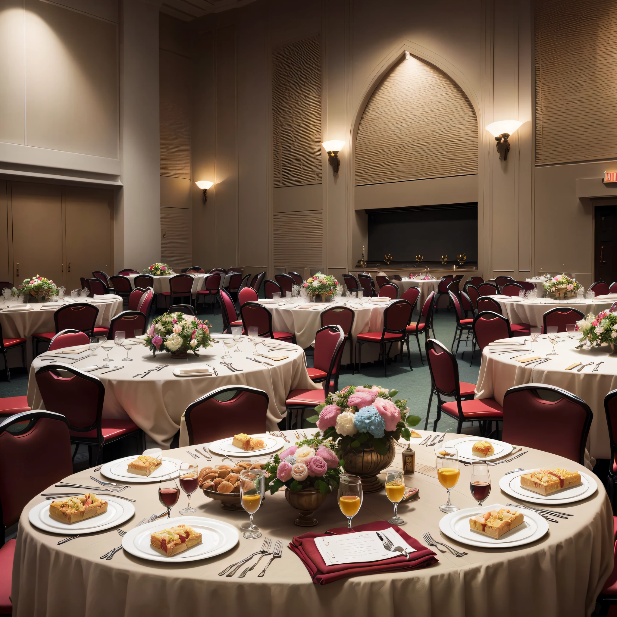 Tables set for banquets, white tablecloths and red chairs, charming settings, candid tables and walls, elegant atmosphere, gorgeous dining room, interior environment, moody environment, warm and convivial atmosphere, grandiose, palatial scenes, photographs, in a magnificent hall, detailed, by Robert Medley, see the details, the hall, a group of students