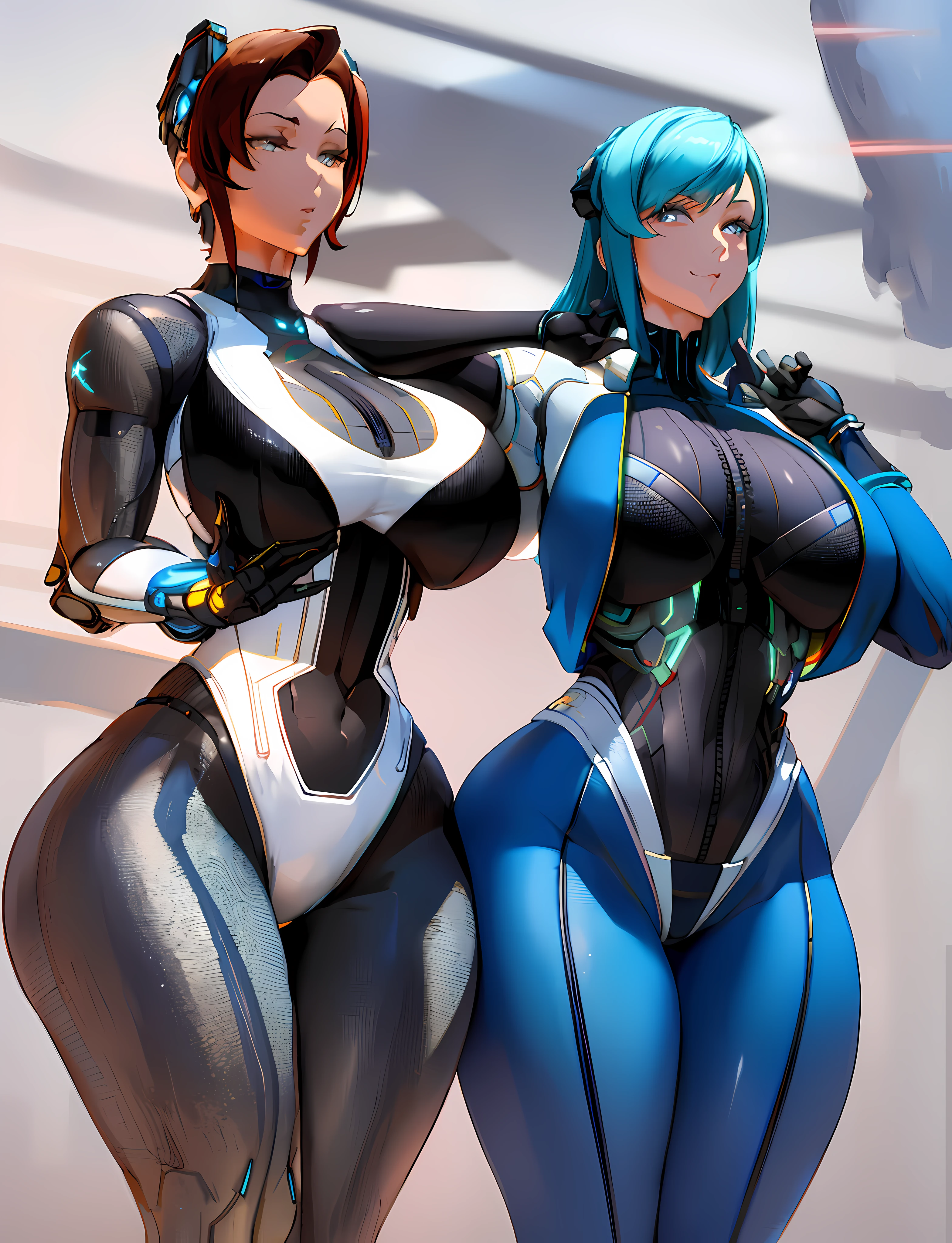 there are two women in futuristic costumes posing for a picture, rendered in sfm, thick smooth warframe thighs, thicc, cybersuits, commission for high res, skintight suits, gynoid body, biomechanical oppai, jazza and rossdraws, diverse cybersuits, rendered in 4 k, kda, range murata and artgerm