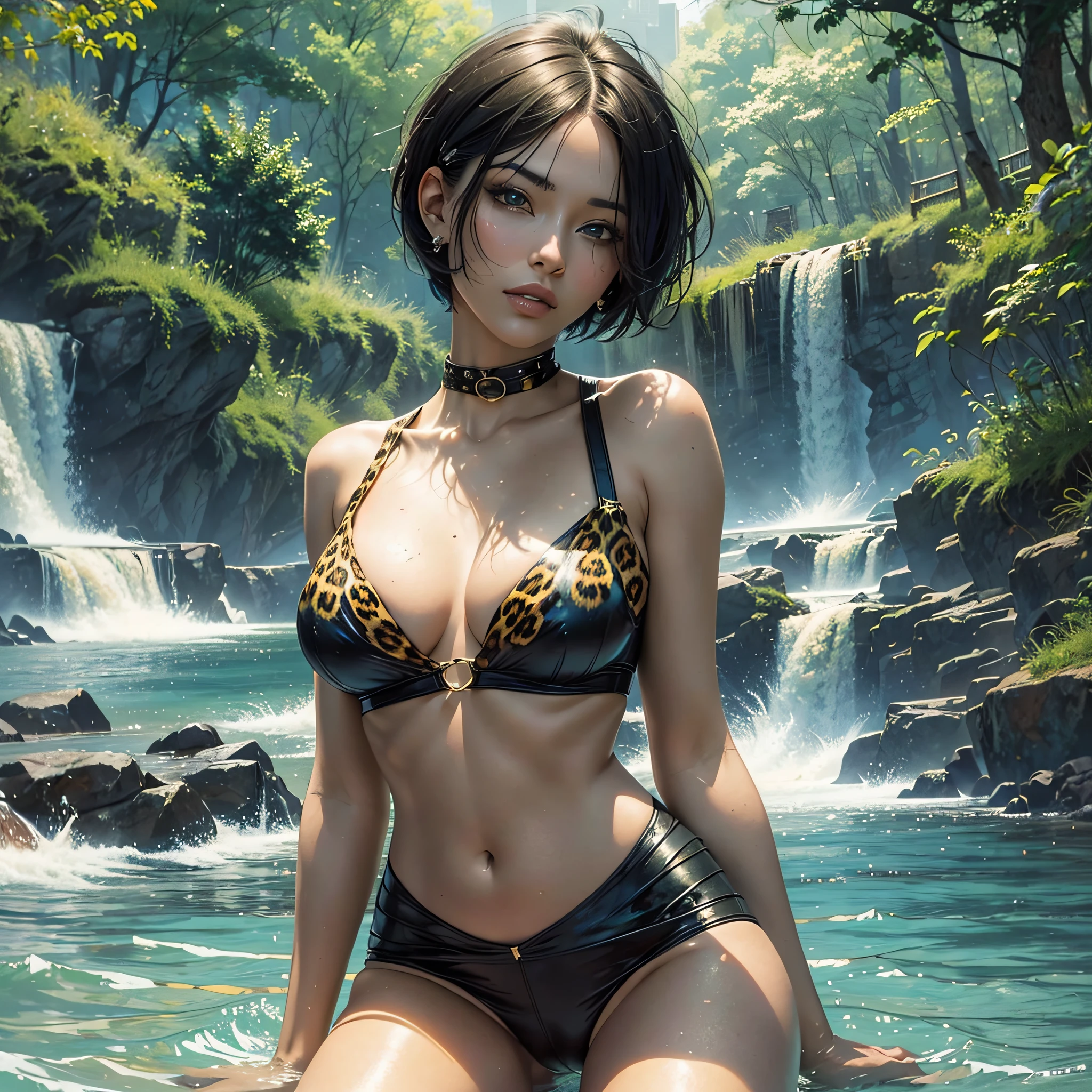 (Best quality, high resolution, masterpiece: 1.3), a tall perfect woman with a slender figure, (sky blue short hair, leopard girl in black clothes), dressed sexy and exposed, in the park, details of face and skin texture are beautifully presented, detailed eyes, double eyelids, sexy pose, realistic, leaky half breast ball, full body shot --auto --s2