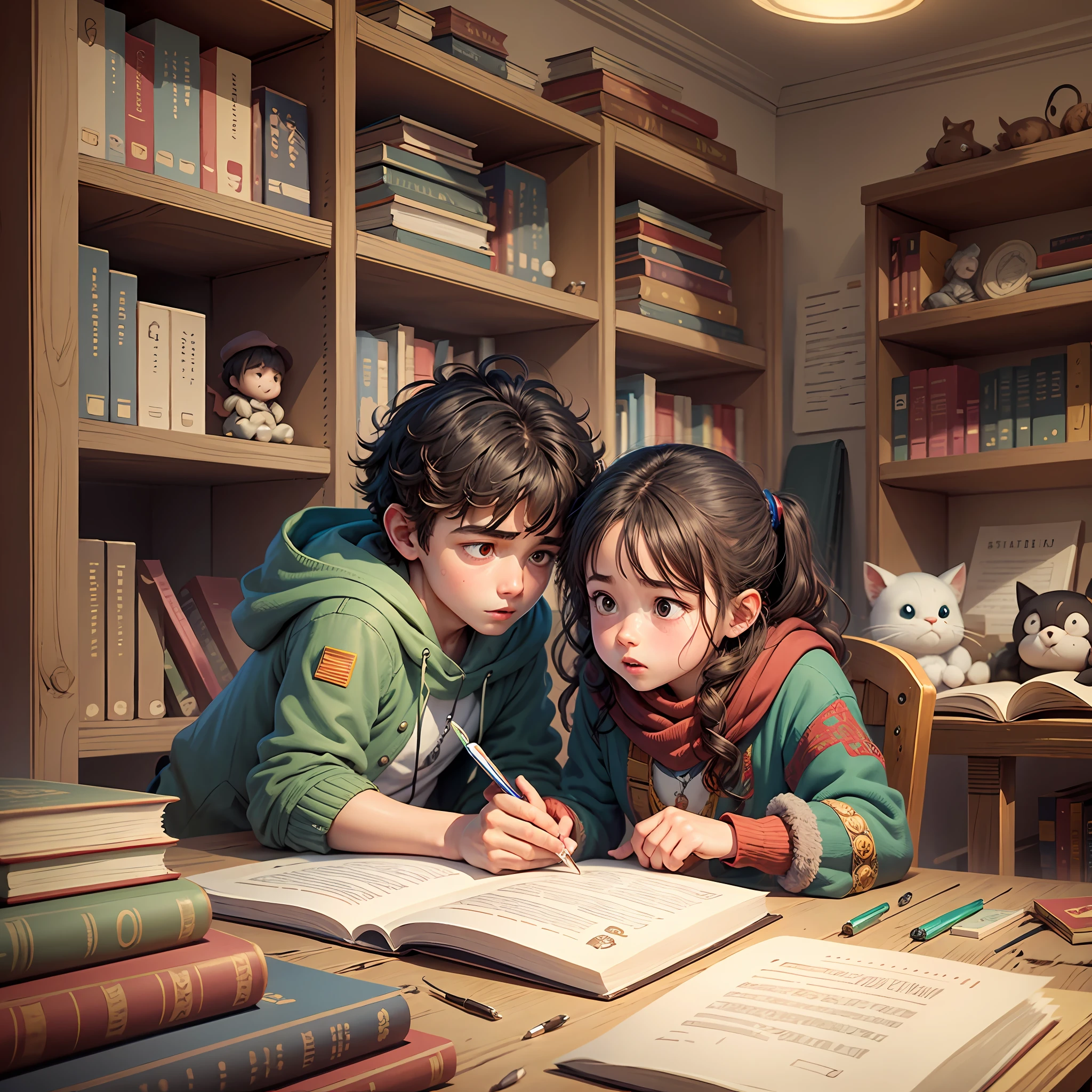 Cartoon of a brother telling stories to his little sister in a room full of books while the characters from the work go through the book. --auto --s2