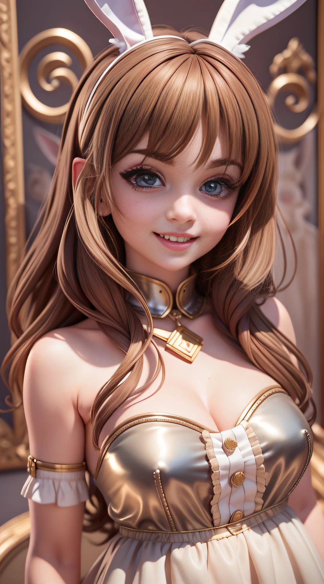 Brunette hair, cringe, long eyelashes, cute eyes, bunny ears, light smile, ear blush, fangs, surrealism, shadows, relief, dioragram, standing painting, pov, atmospheric perspective, 8k, super detail, precise, the best quality