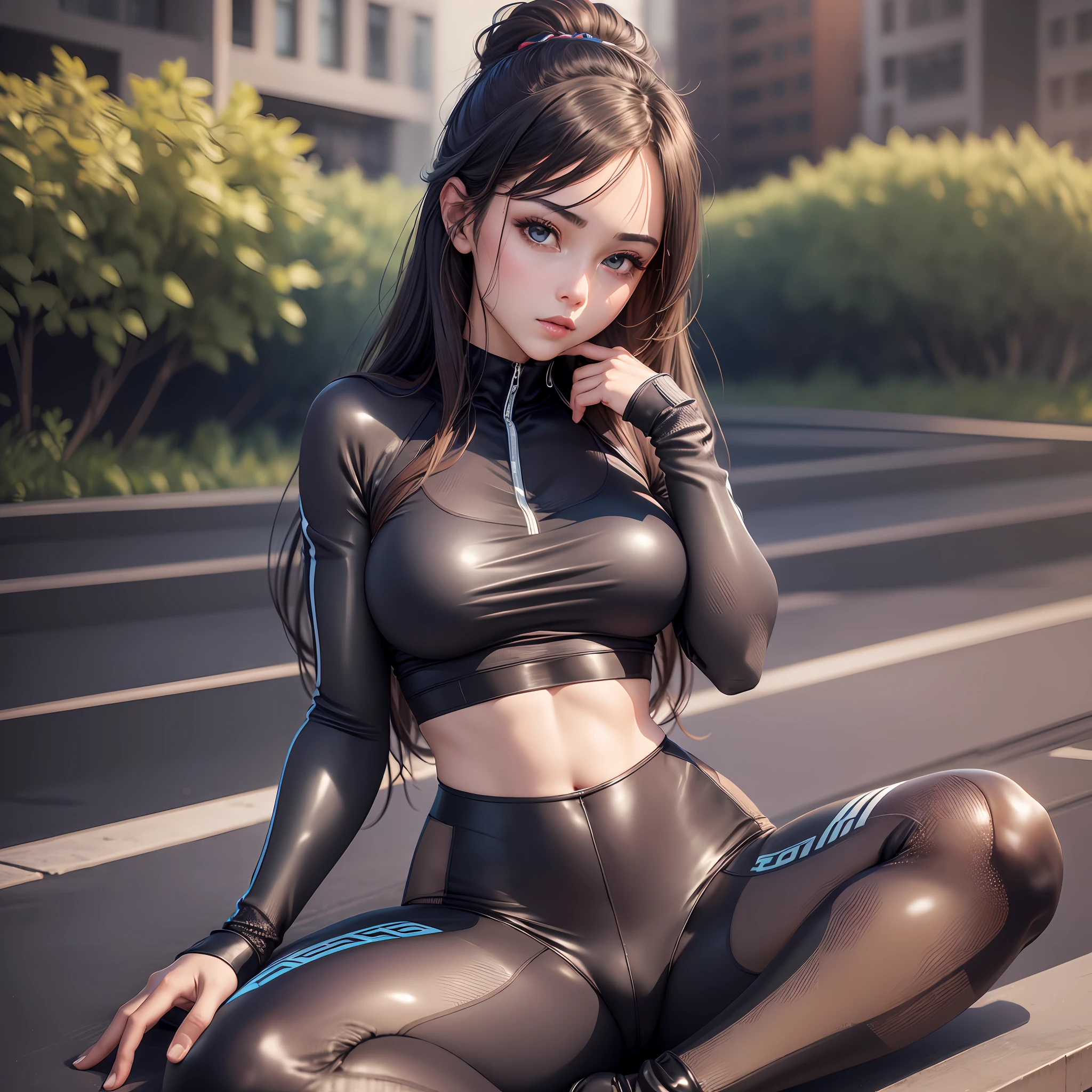 1 girl, sitting, sexy seductive pose, (single, full-body, young, big breasts: 1.2), detailed face, shiny skin, skinny, long legs, intricate details, sportswear and tight sweatpants, clothes and pants with elastic breathable material, perfectly fit the figure, look at the audience.