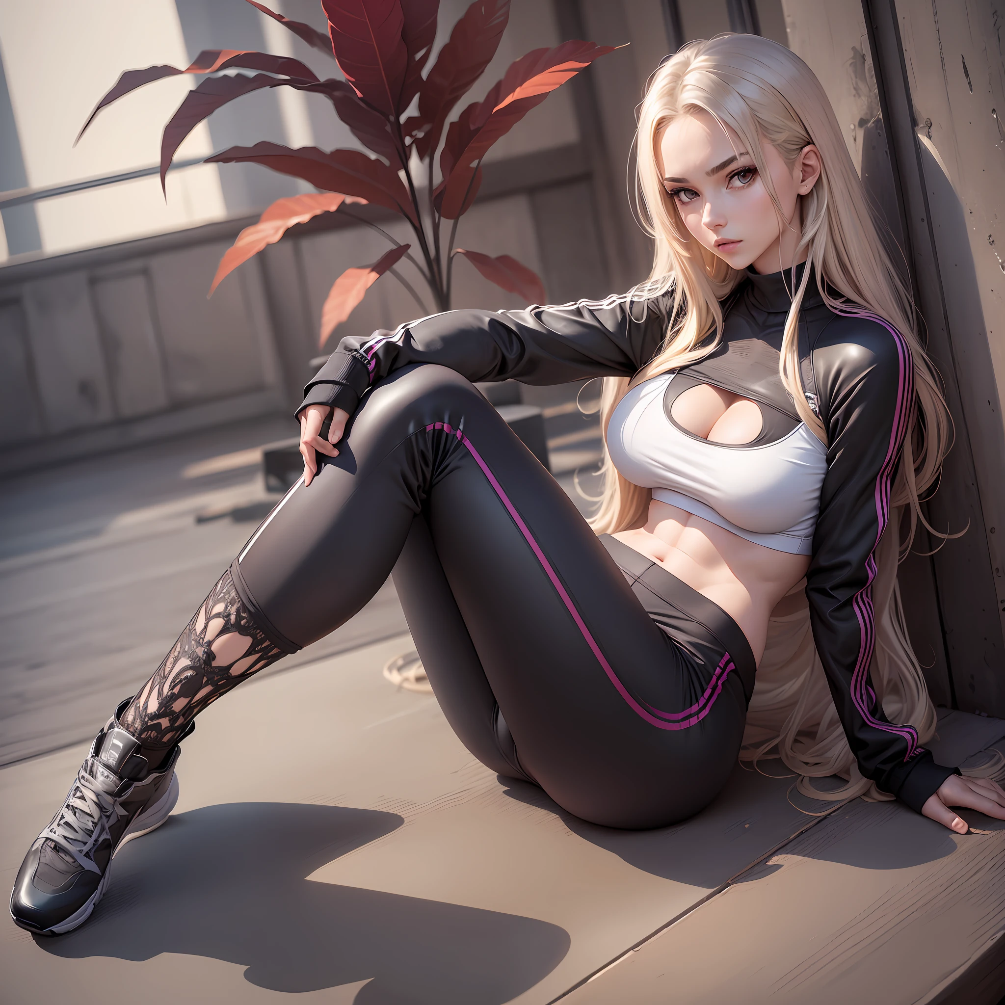 1 girl, sitting, sexy seductive pose, (single, full-body, young, big breasts: 1.2), detailed face, shiny skin, skinny, long legs, intricate details, sportswear and tight sweatpants, clothes and pants with elastic breathable material, perfectly fit the figure, look at the audience.