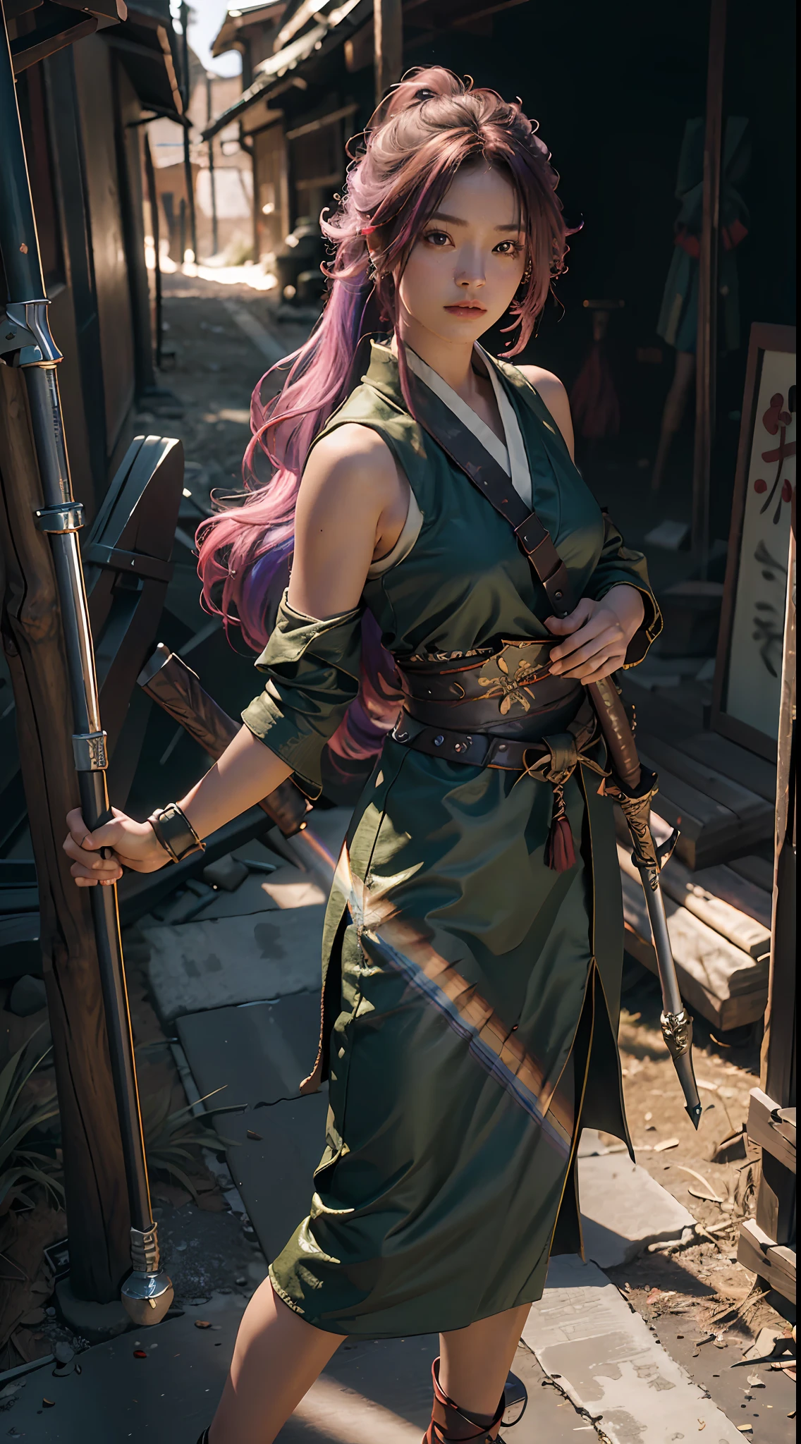 Best quality, masterpiece, ultra high res, (photorealistic:1.4), raw photo, 1girl, weapon master girl, cinematic lighting, ((female)), fierce, holding a pole, earth element, rainbow elemental hair, long hair, japanese girl, chaos bender