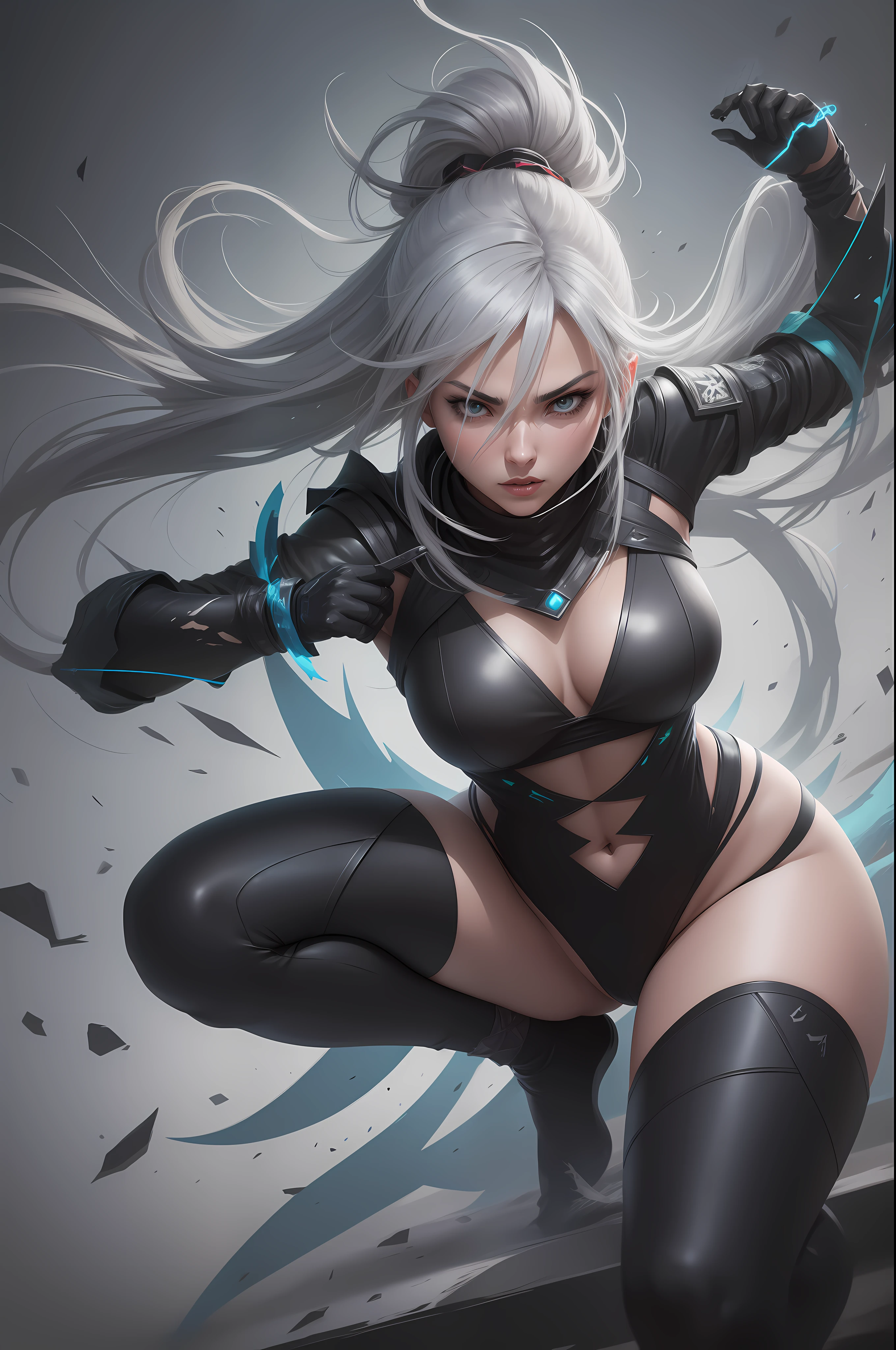 Create an image of Akali, the dark ninja from the game League of Legends, in the ultra-realistic photographic style. Portray her in a dynamic pose that enhances her agility and dexterity. Emphasize her silver hair and expressive eyes, capturing her mysterious aura. Make sure your modern, futuristic attire is detailed, showcasing your unique personality. Add action elements around it, such as shurikens flying through the air, creating a dark and intriguing atmosphere. Be sure to convey your determination and lethality through the image.