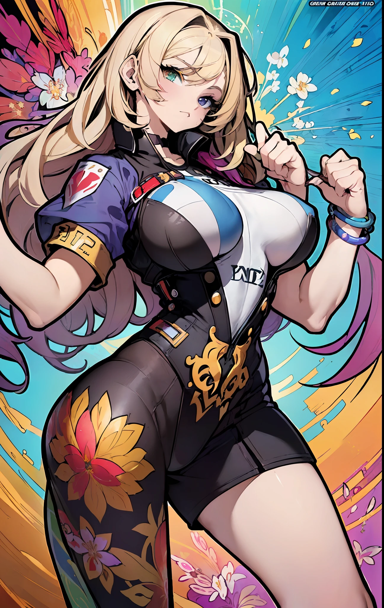 ((((espetacular))) ((heróico)) (((intenso))),background, misto-language_text, letras japonesas em graffit ,garotas, excelente iluminação, sidelighting, (), vhsKeeper,, estilo GUILTY GEAR -STRIVE perfeito ultimate (cor plana: 1.3), (magazine_cover: 1.4), (multicolored_background: 1.3), striped_background, card_background, :: estilo comix por joe madureira :: peças circulares de metais brancas coladas nos braços saindo brilho amarelo cintilante,beautiful woman with long  hair ultra detailed, (beautiful and clear background:1.2),, fantastic paintings ,graffit style,  flowers, olhos altamente detalhados , a t-shirt or dressed in a white blouse underneath, with both fists in a fighting position, and bracelets, fighting against an enemy, with long black hair , stained glass colored,  out, vibrant, alphonse mucha style, fantastic paintings by joe madureira  ,high quality,  art,kelly brook beautiful woman with long blonde hair  , freedom, soul, digital illustration, comic style, perfect anatomy, centered, approaching perfection, dynamic, highly detailed, watercolor painting, artstation, concept art, smooth, sharp focus, illustration, art by carne griffiths and wadim kashin,big  breast,alone anime girl with a medium lenght pose and cute clothes, short pastel blonde hair , heterochromia, perfect anatomy