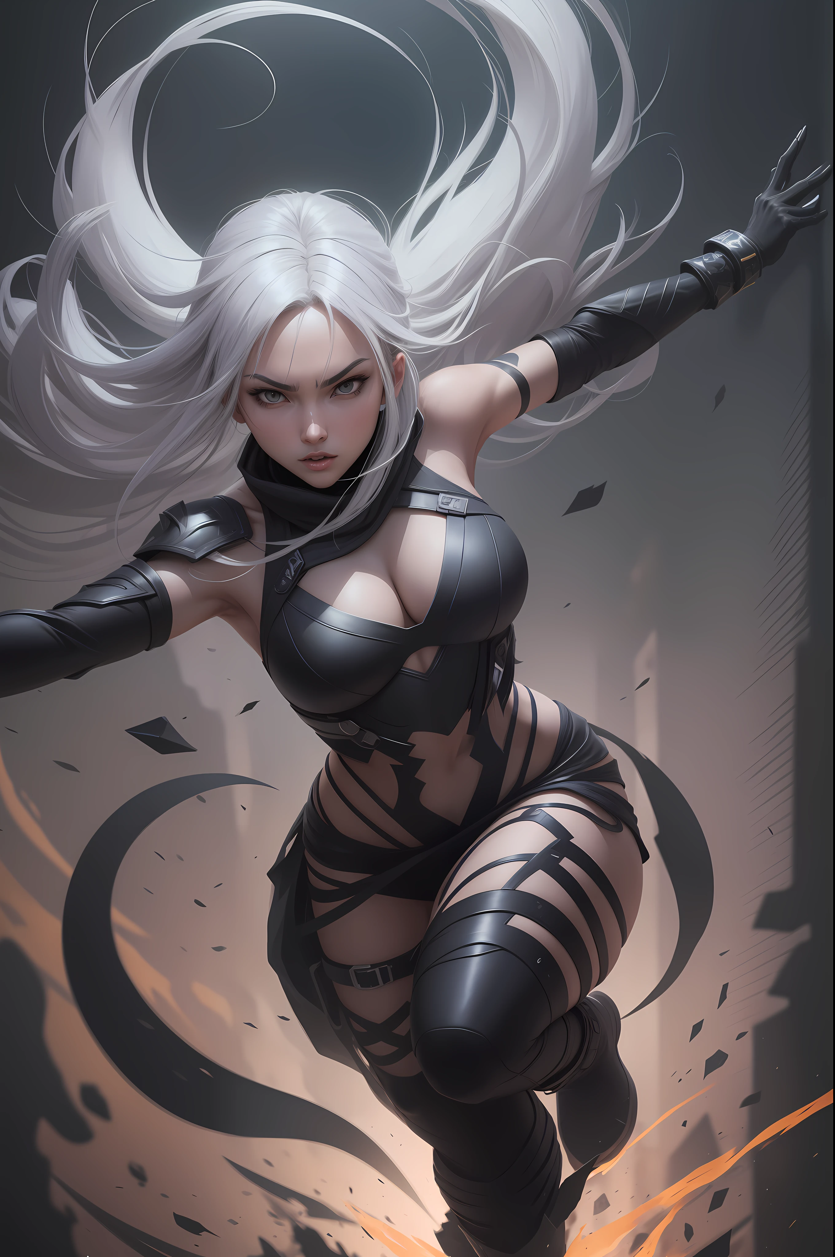 Create an image of Akali, the dark ninja from the game League of Legends, in the ultra-realistic photographic style. Portray her in a dynamic pose that enhances her agility and dexterity. Emphasize her silver hair and expressive eyes, capturing her mysterious aura. Make sure your modern, futuristic attire is detailed, showcasing your unique personality. Add action elements around it, such as shurikens flying through the air, creating a dark and intriguing atmosphere. Be sure to convey your determination and lethality through the image.