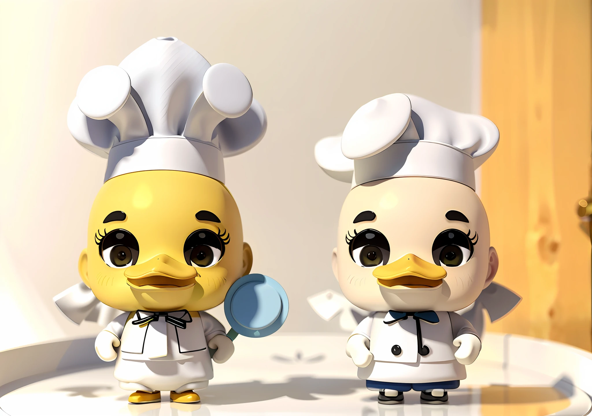 Duck Chef, delicate chef hat, duck face on the left is yellow, duck face on the right is white, arm portrayal, white blue hair all over, delicate shoes, eye portrayal, popmart blind box, stepping on the land, black and white background, natural lighting, best quality, hyperdetail, 3D art, c4d, OC renderer, 3d rendering, 8k