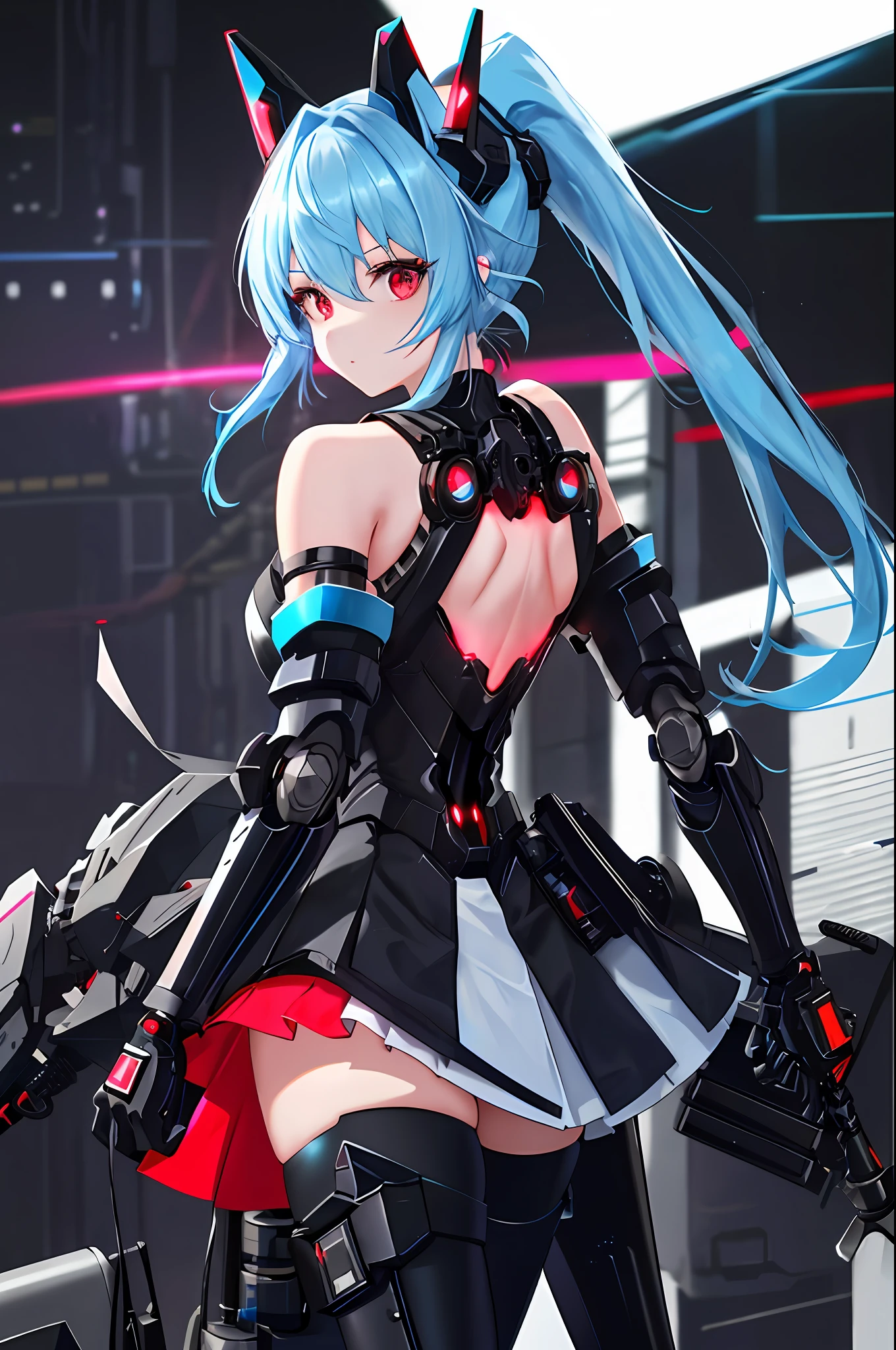 Absurd, very precise details, intricate details, highly detailed 8K wallpaper, (transcendently beautiful girl: 1.5), BREAK, light blue hair, ponytail, shoulder to back, side, back focus, (beautiful bare back), (beautiful bare shoulders), (red line exoskeleton leotard: 1.4), (red eyes: 1.1), BREAK, (mechanical joints, mechanical limbs: 1.4), perfect five fingers, Headgear covered up to the ears, (black miniskirt), cyberpunk, neon lights