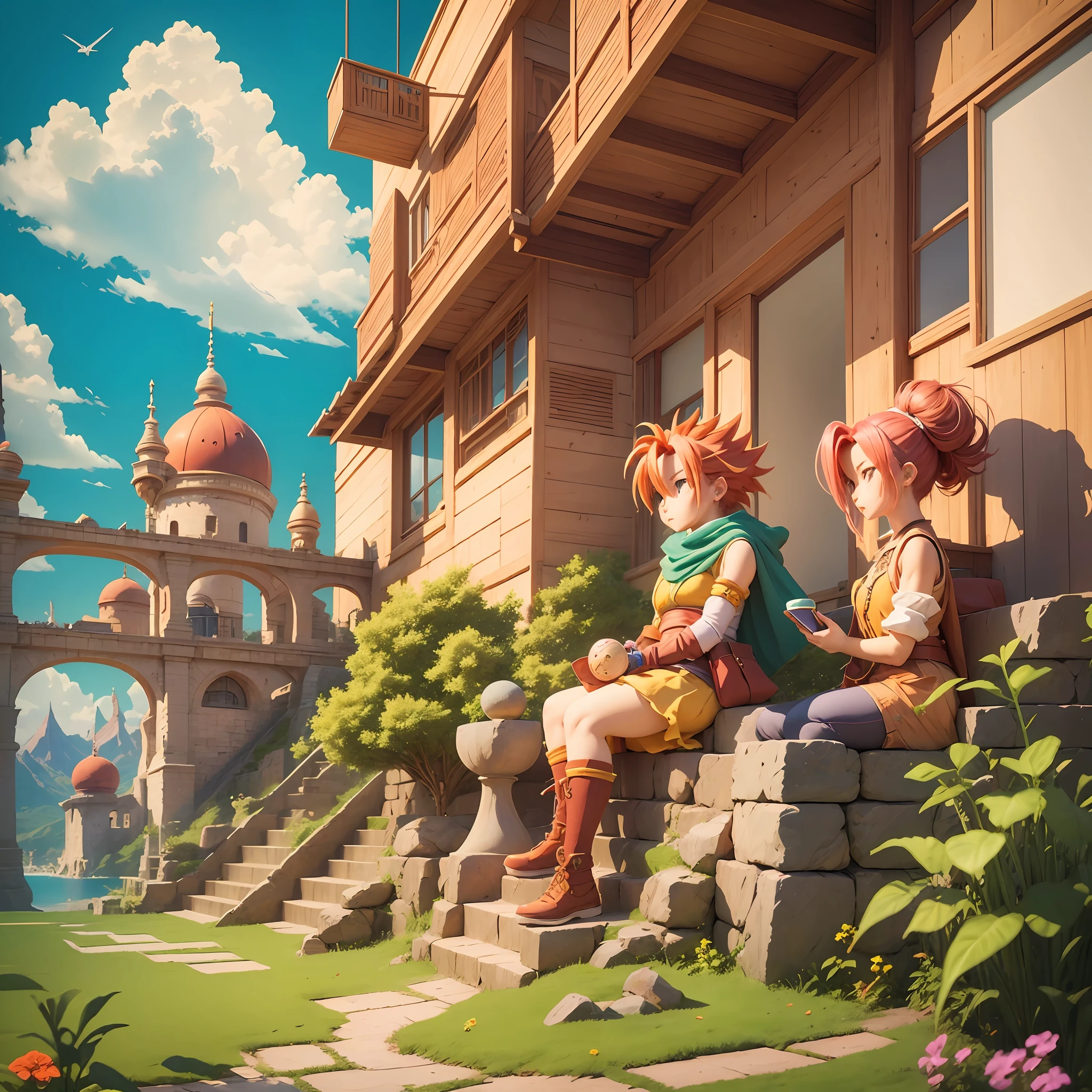 A watch from the Super Nintendo game Chrono Trigger, set in a beautiful and vibrant setting like Scala. The characters of the game are around, fraternizing and resting in a cheerful environment. The image is in minimalist style, with a varied but harmonious 4k color palette --auto --s2