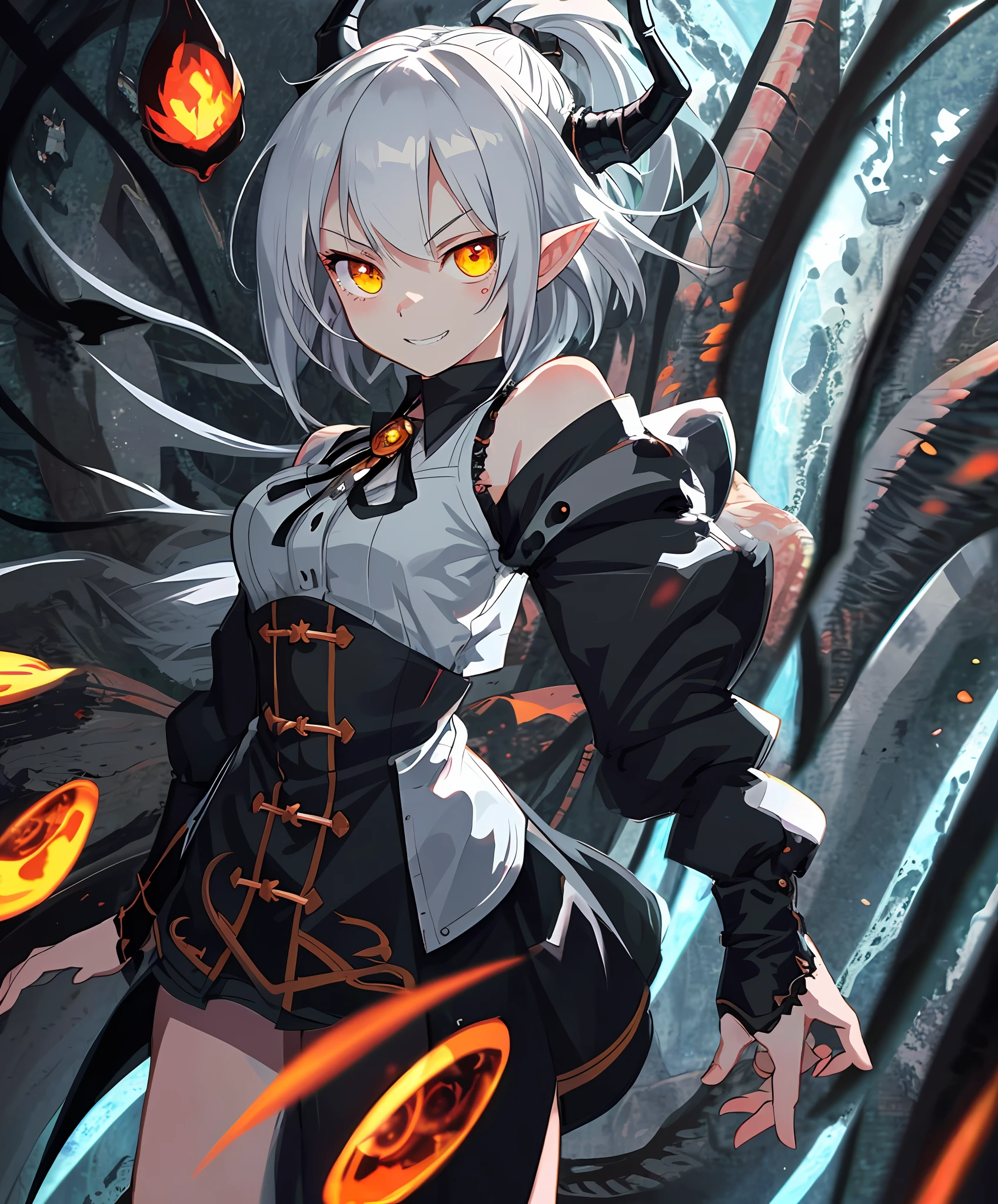 2D, masterpiece, best quality, anime, highly detailed face, highly detailed eyes, highly detailed background, perfect lighting, full body, 1girl, solo, dragon girl, incredibly detailed face and neck scales, dragon horns, bare shoulders, sharp teeth, standing, barefoot, incredibly detailed shoulder and forearm scales, cute smile, incredibly detailed yellow cat eyes, white hair, incredibly detailed black locks, pointy ears, medium hair, tomboy girl