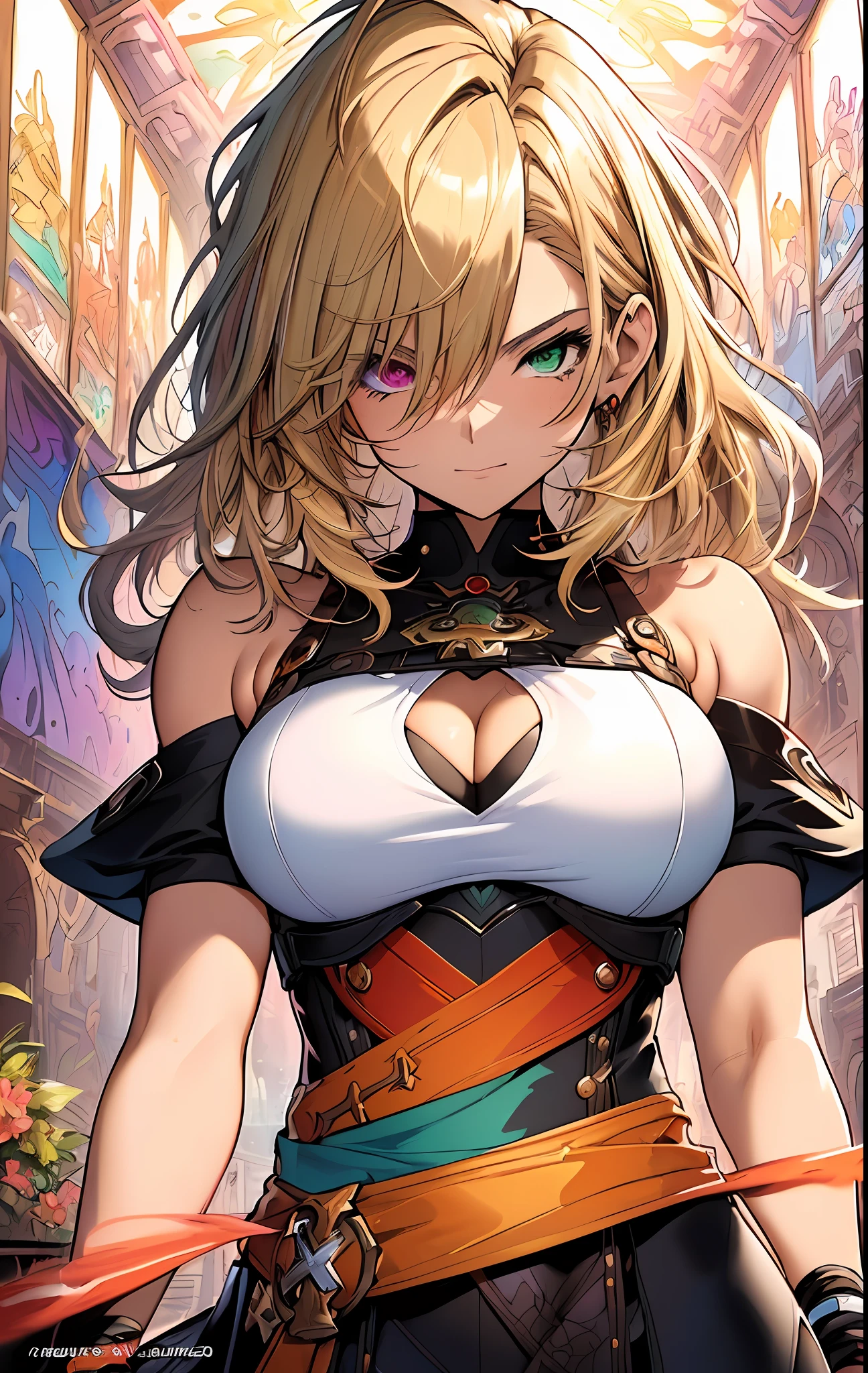 ((((espetacular))) ((heróico)) (((intenso))),background, misto-language_text, letras japonesas em graffit ,garotas, excelente iluminação, sidelighting, (), vhsKeeper,, estilo GUILTY GEAR -STRIVE perfeito ultimate (cor plana: 1.3), (magazine_cover: 1.4), (multicolored_background: 1.3), striped_background, card_background, :: estilo comix por joe madureira :: peças circulares de metais brancas coladas nos braços saindo brilho amarelo cintilante, big breast , beautiful woman with long  hair ultra detailed, (beautiful and clear background:1.2),, fantastic paintings ,graffit style,  flowers, olhos altamente detalhados , a t-shirt or dressed in a white blouse underneath, with both fists in a fighting position, and bracelets, fighting against an enemy, with long black hair , stained glass colored,  out, vibrant, alphonse mucha style, fantastic paintings by joe madureira  ,high quality,  art,kelly brook beautiful woman with long blonde hair  , freedom, soul, digital illustration, comic style, perfect ???????, centered, approaching perfection, dynamic, highly detailed, watercolor painting, artstation, concept art, smooth, sharp focus, illustration, art by carne griffiths and wadim kashin,big  breast,alone anime girl with a medium lenght pose and cute clothes, short pastel blonde hair , heterochromia, perfect ???????