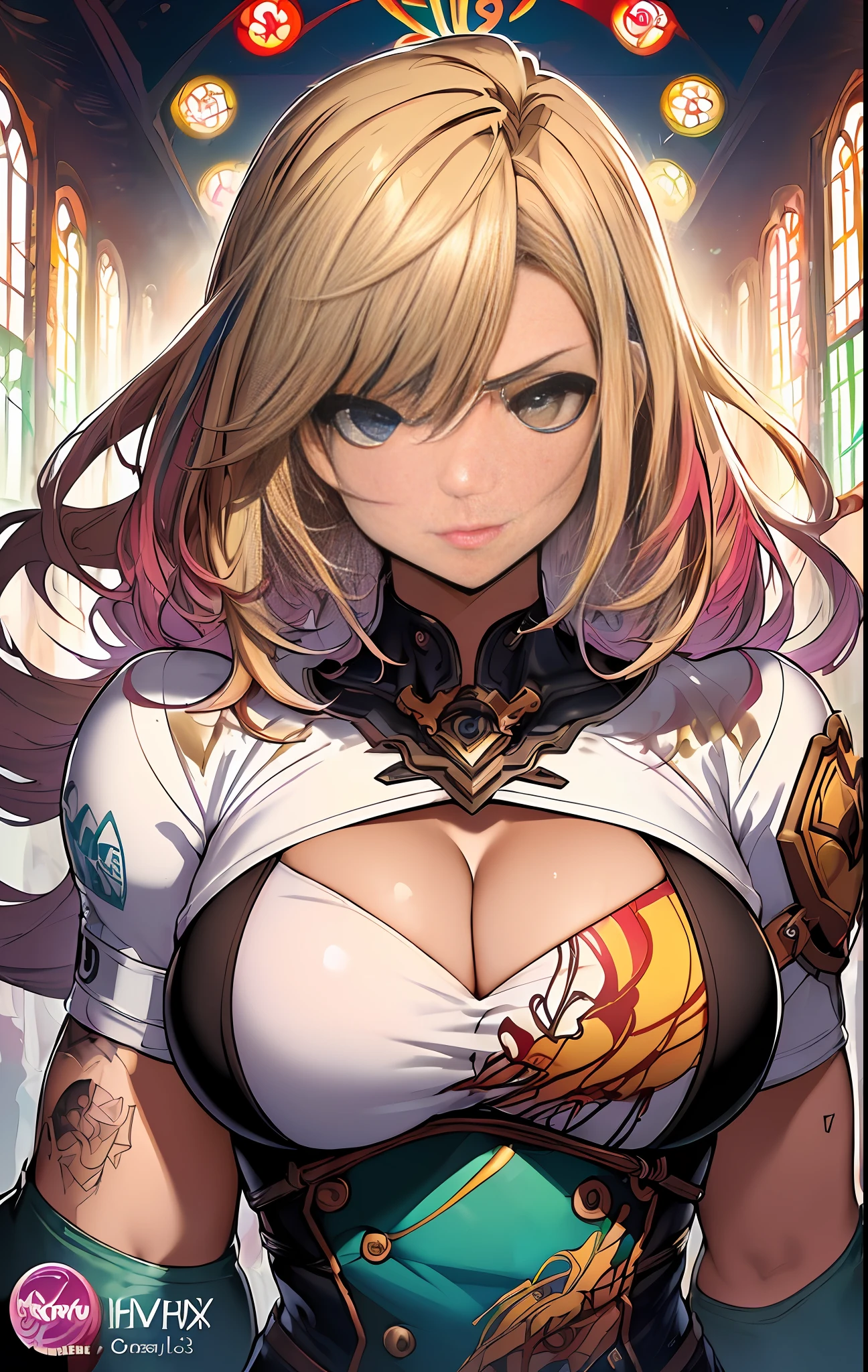 ((((espetacular))) ((heróico)) (((intenso))),background, misto-language_text, letras japonesas em graffit ,garotas, excelente iluminação, sidelighting, (), vhsKeeper,, estilo GUILTY GEAR -STRIVE perfeito ultimate (cor plana: 1.3), (magazine_cover: 1.4), (multicolored_background: 1.3), striped_background, card_background, :: estilo comix por joe madureira :: peças circulares de metais brancas coladas nos braços saindo brilho amarelo cintilante, big ?????? , beautiful woman with long  hair ultra detailed, (beautiful and clear background:1.2),, fantastic paintings ,graffit style,  flowers, olhos altamente detalhados , a t-shirt or dressed in a white blouse underneath, with both fists in a fighting position, and bracelets, fighting against an enemy, with long black hair , stained glass colored,  out, vibrant, alphonse mucha style, fantastic paintings by joe madureira  ,high quality,  art,kelly brook beautiful woman with long blonde hair  , freedom, soul, digital illustration, comic style, perfect ???????, centered, approaching perfection, dynamic, highly detailed, watercolor painting, artstation, concept art, smooth, sharp focus, illustration, art by carne griffiths and wadim kashin,big  ??????,alone anime girl with a medium lenght pose and cute clothes, short pastel blonde hair , heterochromia, perfect ???????