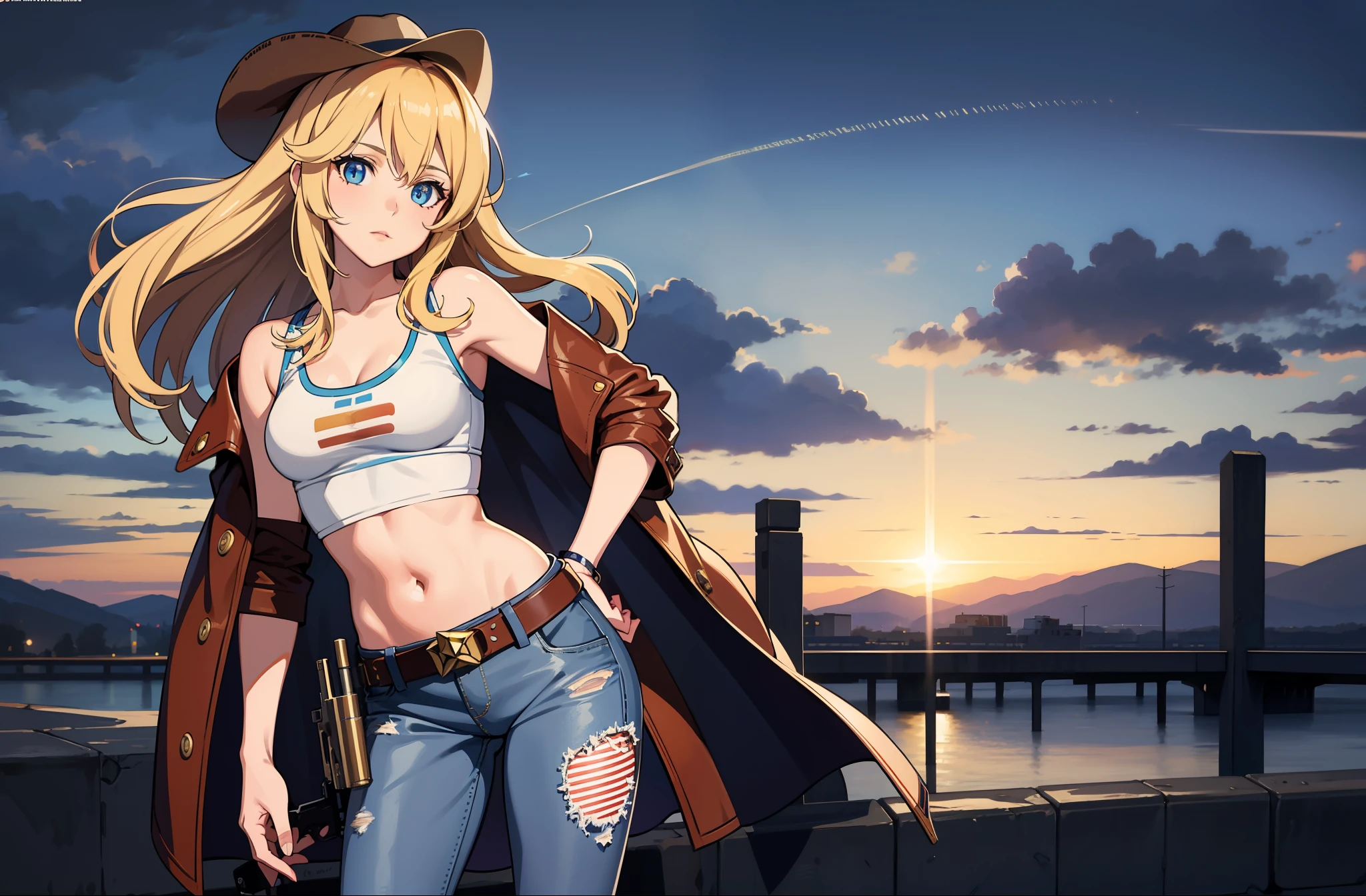 1 girl, masterpiece, macross delta splash art, best quality, white tank top, midriff, short blue jeans, small breasts, cowboy hat, gun holster on hip, highly detailed gun, realistic gun, Colt Peacemaker in hand, gun aimed forward, sheriff badge, bullets on belt, brown leather duster, leather overcoat, detailed eyes, sparkling eyes, beautiful hands, highly detailed hands, straight hands, shiny skin, shiny hair, blue eyes, light blonde hair, tall, long hair, straight hair, full body, American flag