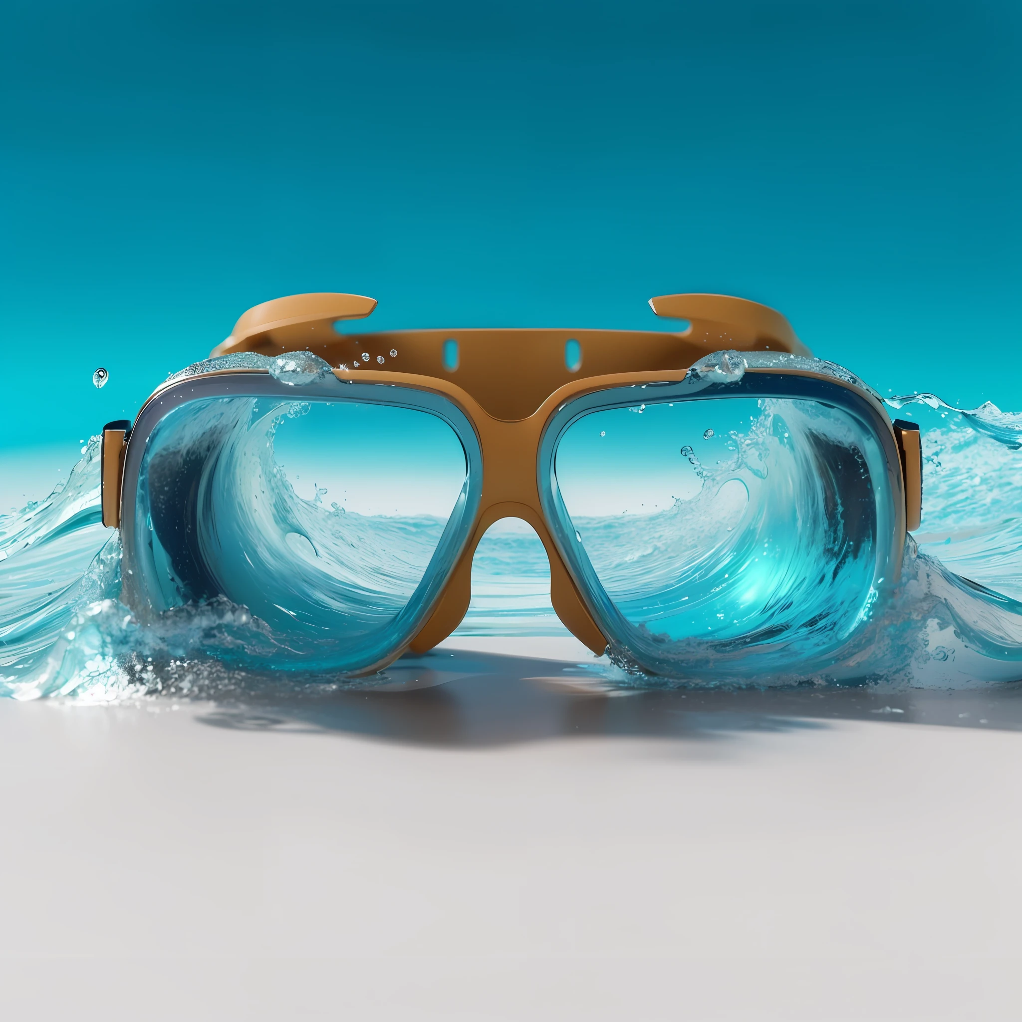a close up of a pair of goggles with water splashing on them, goggles, cool glasses, 3 d goggles, wearing goggles, ocean, 3 d fluid simulation render, rendered in cinema4d, rendered in cinema 4 d, photoreal render, otcean render, realistic cinema 4 d render, water art manipulation, underwater perspective, 3 d illustration, 3d illustration --auto --s2