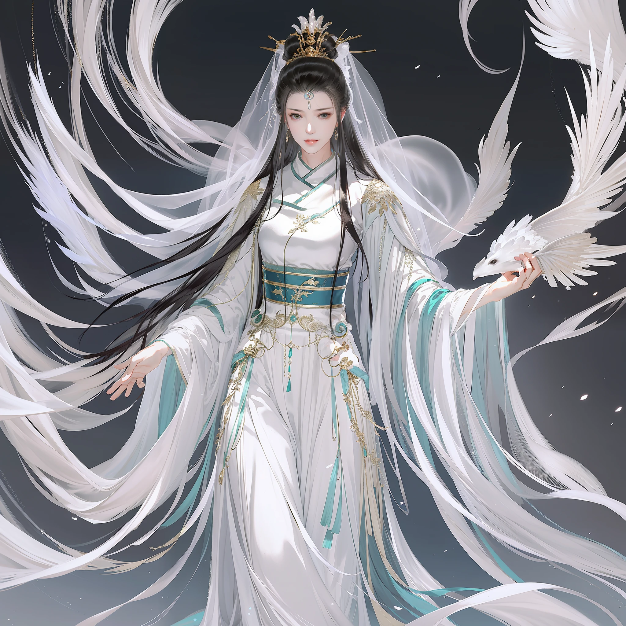 An ancient Chinese girl, full-body portrait, gentle eyes, clear facial features, flowing white long skirt, crown veil, body surrounded by white mist, fairy fluttering temperament, movie edge light, delicate light, masterpiece, super detailed, epic composition, super HD, high quality, highest quality, 32k