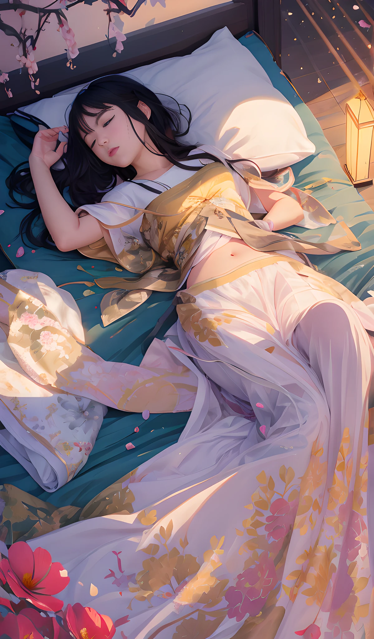 anime girl laying on a bed with a lamp and flowers, artwork in the style of guweiz, guweiz on pixiv artstation, guweiz on artstation pixiv, guweiz, ! dream artgerm, artgerm and atey ghailan, by Yang J, extremely detailed artgerm, trending on artstation pixiv