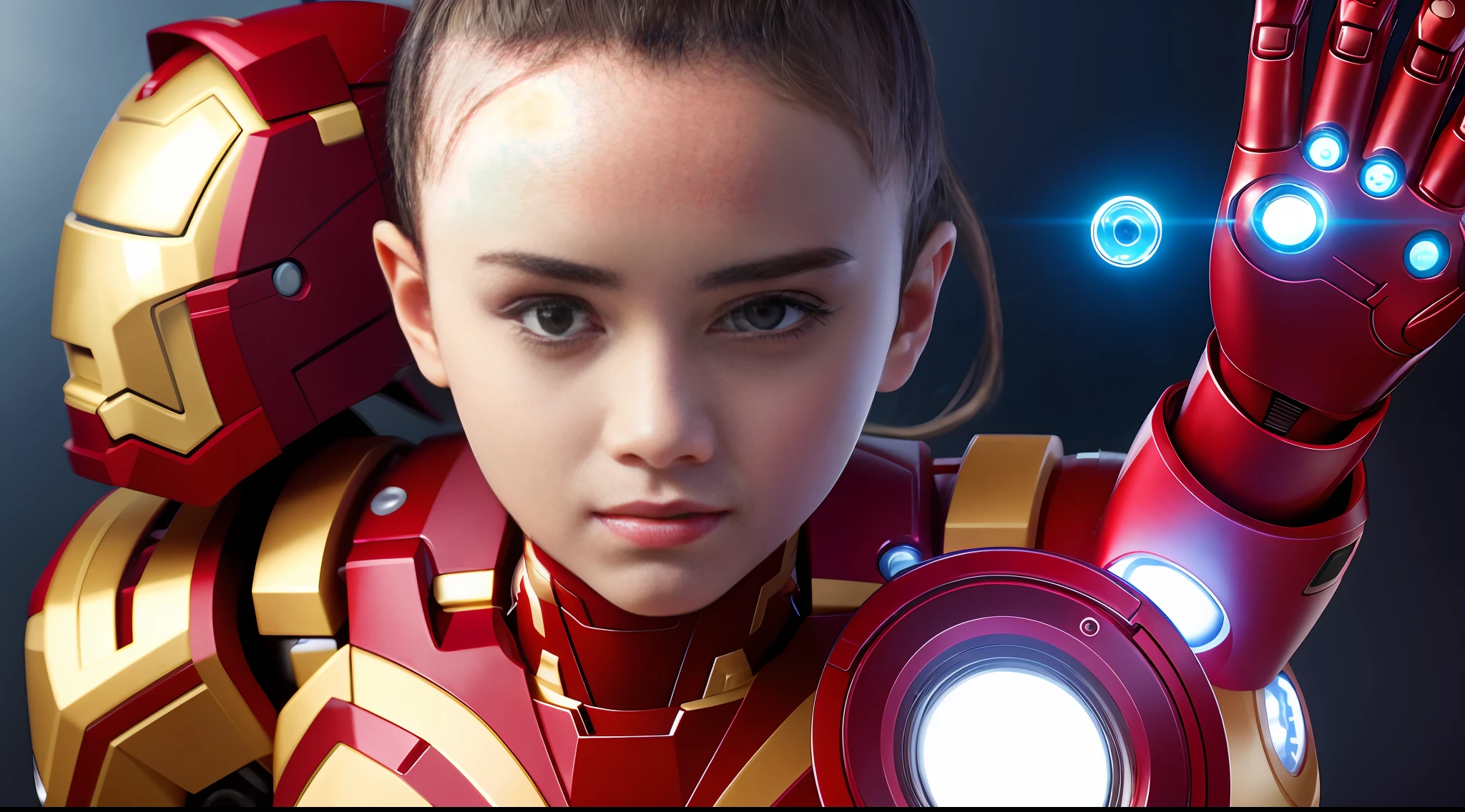 Highest image quality, highest resolution, 8K, human face, mechanical body, modified person, delicate facial features, -yeld gis face, robotic arm, and a miniature nuclear reactor like Iron Man on his chest