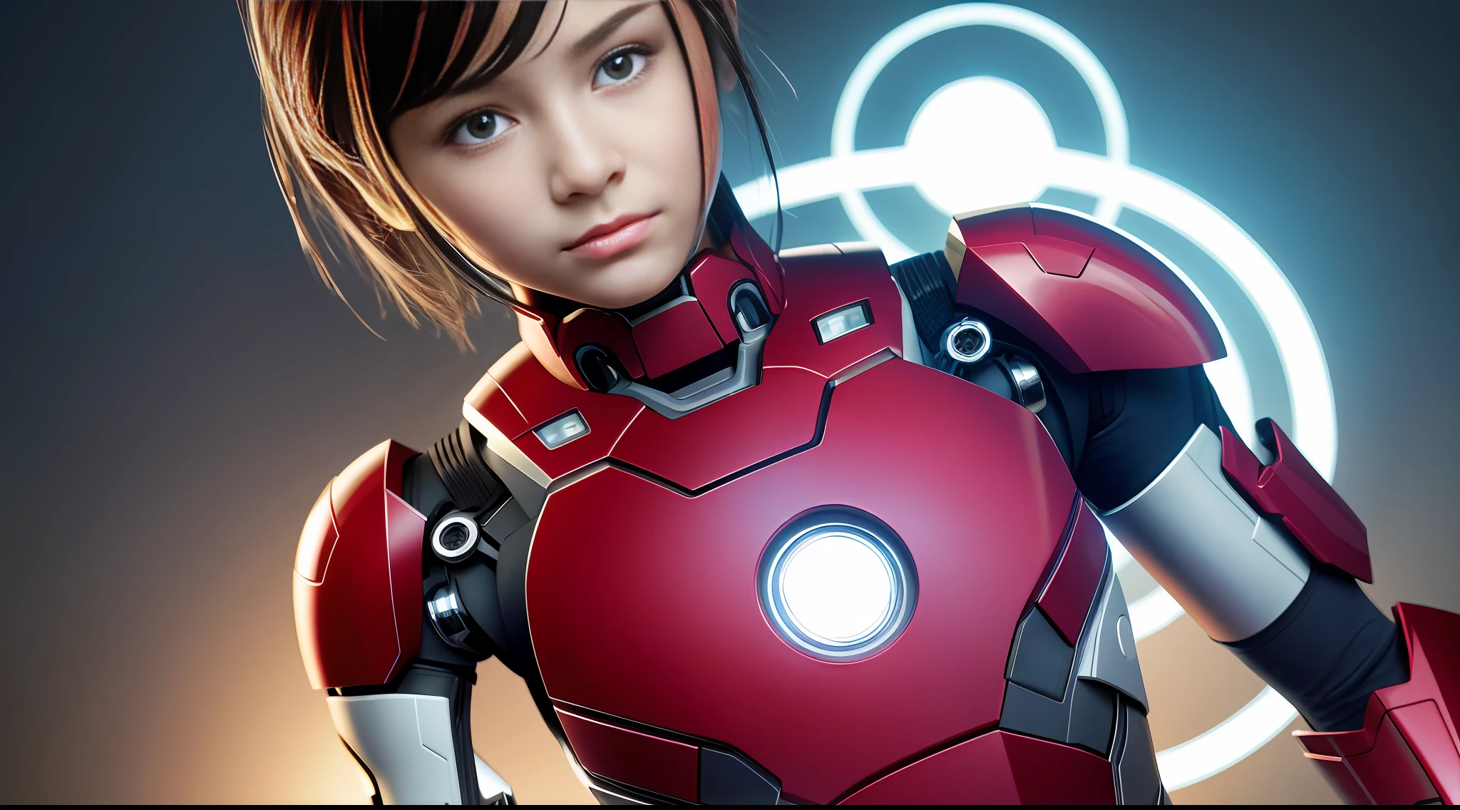 Highest image quality, highest resolution, 8K, human face, mechanical body, modified person, delicate facial features, -yeld gis face, robotic arm, and a miniature nuclear reactor like Iron Man on his chest