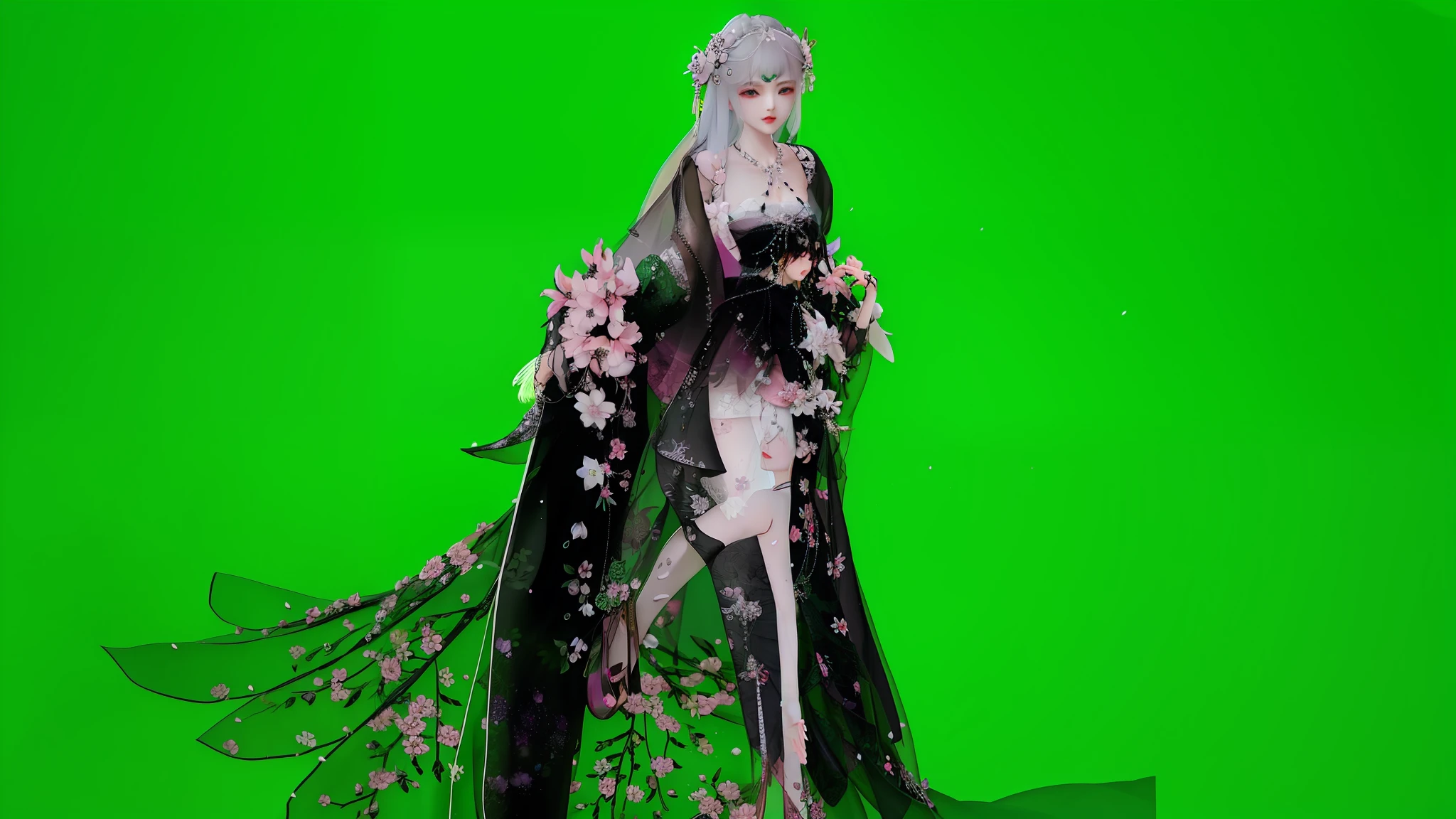 araffe dressed in a black and white gown and veil, the non-binary deity of spring, ethereal flowerpunk, floralpunk elysian maiden, full body xianxia, inspired by Otake Chikuha, flowing sakura-colored silk, inspired by Ai Xuan, elf girl wearing an flower suit, draped in fleshy green and pink