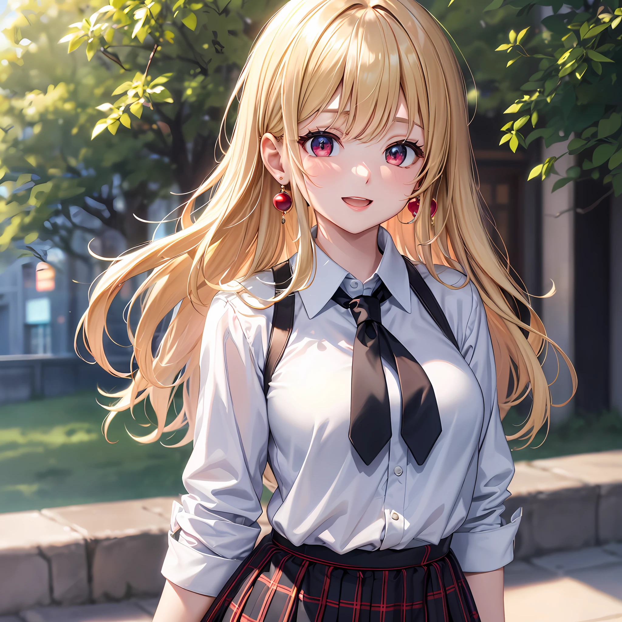 4K, Masterpiece, highres, absurdres,natural volumetric lighting and best shadows, deep depth of field, sharp focus, soft delicate beautiful attractive face,bisquedoll anime style ,kitagawa marin, 1girl, :d, upper body, bead bracelet, beads, black necktie, blonde hair, blue skirt, blush, bracelet, hand on own hip, jewelry, long hair, looking at viewer, necktie, open mouth, plaid, plaid skirt, red eyes, school uniform, shirt, outdoors, skirt, smile, solo, standing,white background, white shirt,