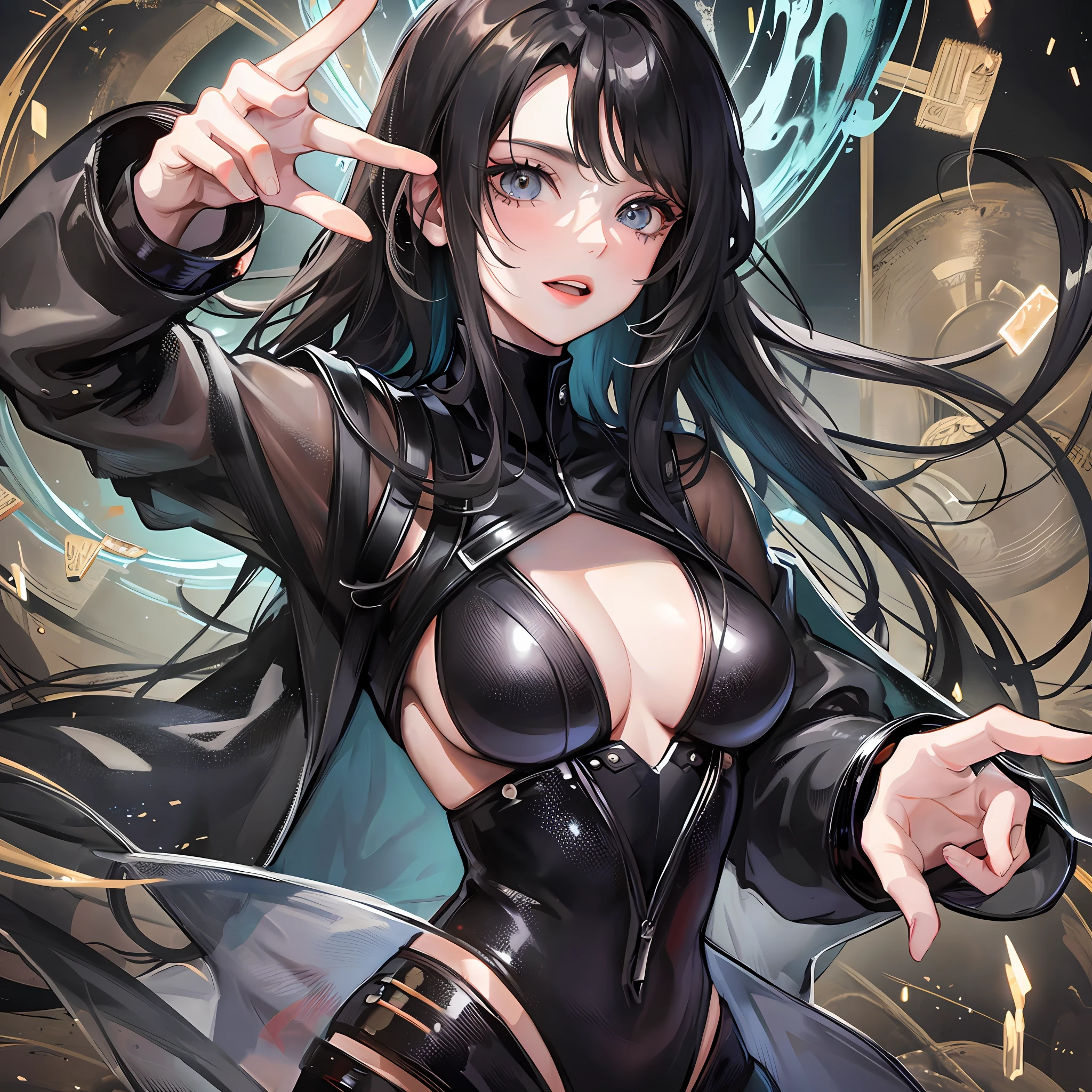 Black suit woman with a black hole in her hand pointing upwards