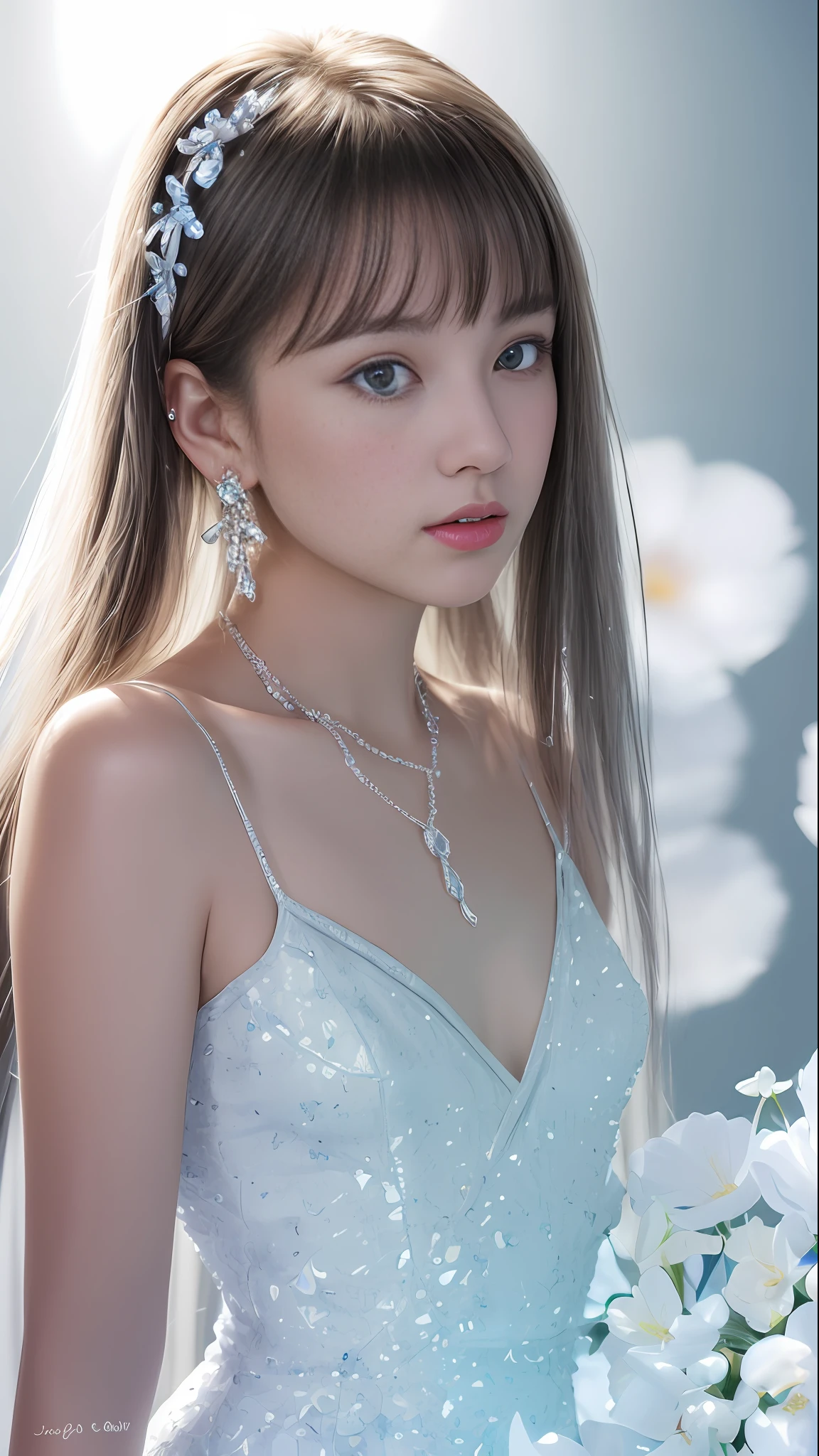 masterpiece, best quality, illustration, sax blue, platinum earrings, platinum necklace, white dress, 1girl, cute, (dynamic lighting:1.2), cinematic lighting, delicate facial features, detailed eyes, sharp pupils, realistic pupils, depth of field, bokeh, sharp focus, (hyper-detailed, bloom, glow:1.4), many small gems