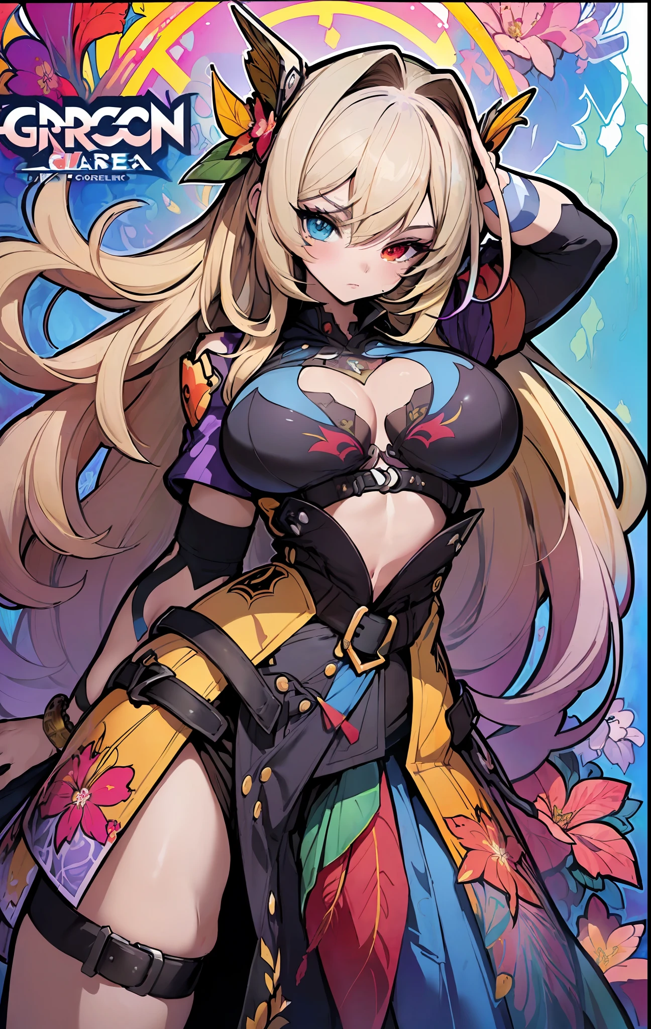 ((((espetacular))) ((heróico)) (((intenso))),background, misto-language_text, letras japonesas em graffit ,garotas, excelente iluminação, sidelighting, (), vhsKeeper,, estilo GUILTY GEAR -STRIVE perfeito ultimate (cor plana: 1.3), (magazine_cover: 1.4), (multicolored_background: 1.3), striped_background, card_background, :: estilo comix por joe madureira :: peças circulares de metais brancas coladas nos braços saindo brilho amarelo cintilante,beautiful woman with long hair ultra detailed, (beautiful and clear background:1.2),, fantastic paintings ,graffit style, flowers, olhos altamente detalhados , a t-shirt or dressed in a white blouse underneath, with both fists in a fighting position, and bracelets, fighting against an enemy, with long black hair , stained glass colored, out, vibrant, alphonse mucha style, fantastic paintings by joe madureira ,high quality, art,kelly brook beautiful woman with long blonde hair , freedom, soul, digital illustration, comic style, perfect anatomy, centered, approaching perfection, dynamic, highly detailed, watercolor painting, artstation, concept art, smooth, sharp focus, illustration, art by carne griffiths and wadim kashin,big breast,alone anime girl with a medium lenght pose and cute clothes, short pastel blonde hair , heterochromia, perfect anatomy