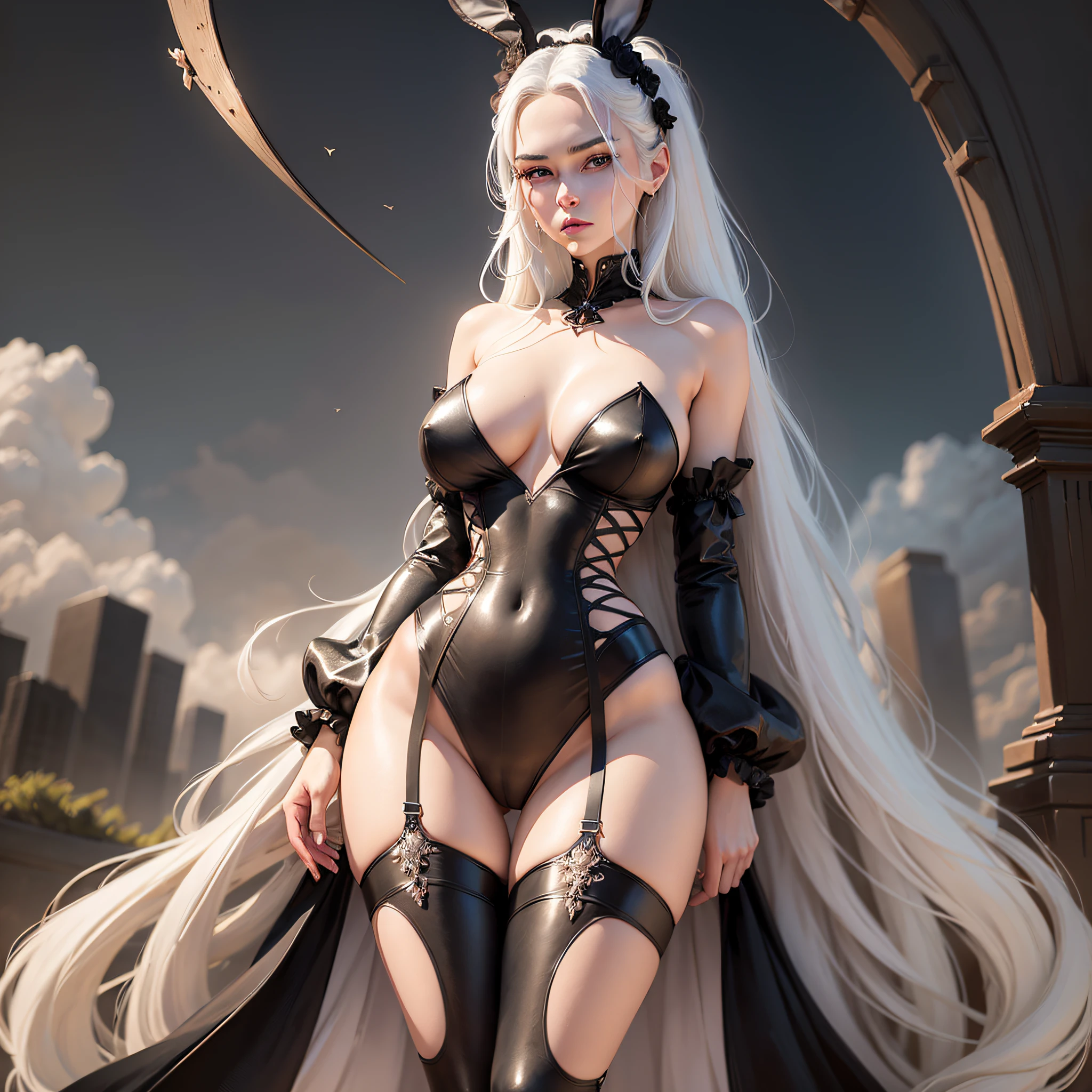 (Best Quality, High Resolution, Masterpiece: 1.3), a tall perfect woman with a slender figure, (white hair, black bunny girl), dressed sexy revealing, in the prairie, details of face and skin texture are beautifully presented, detailed eyes, double eyelids, sexy pose, realistic, leaky half breast ball, full body shot --auto --s2