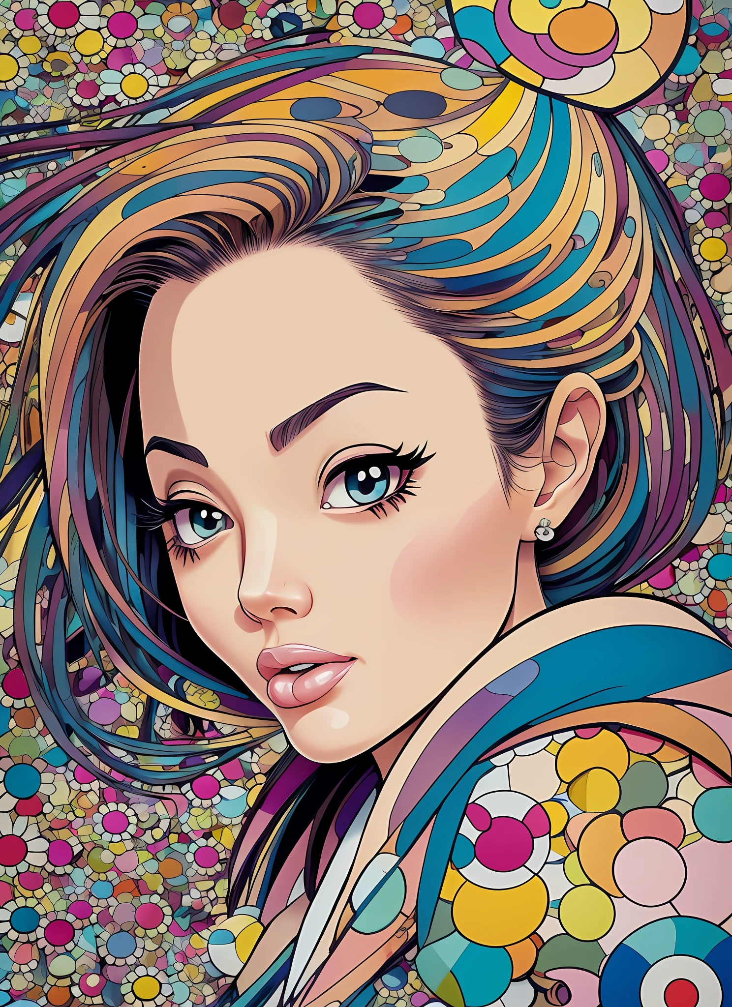 Cartoon style, cute, Angelina Jolie, unique, relaxed, humorous, playful pose, colorful temperament, animation, kawaii culture, Takashi Murakami.