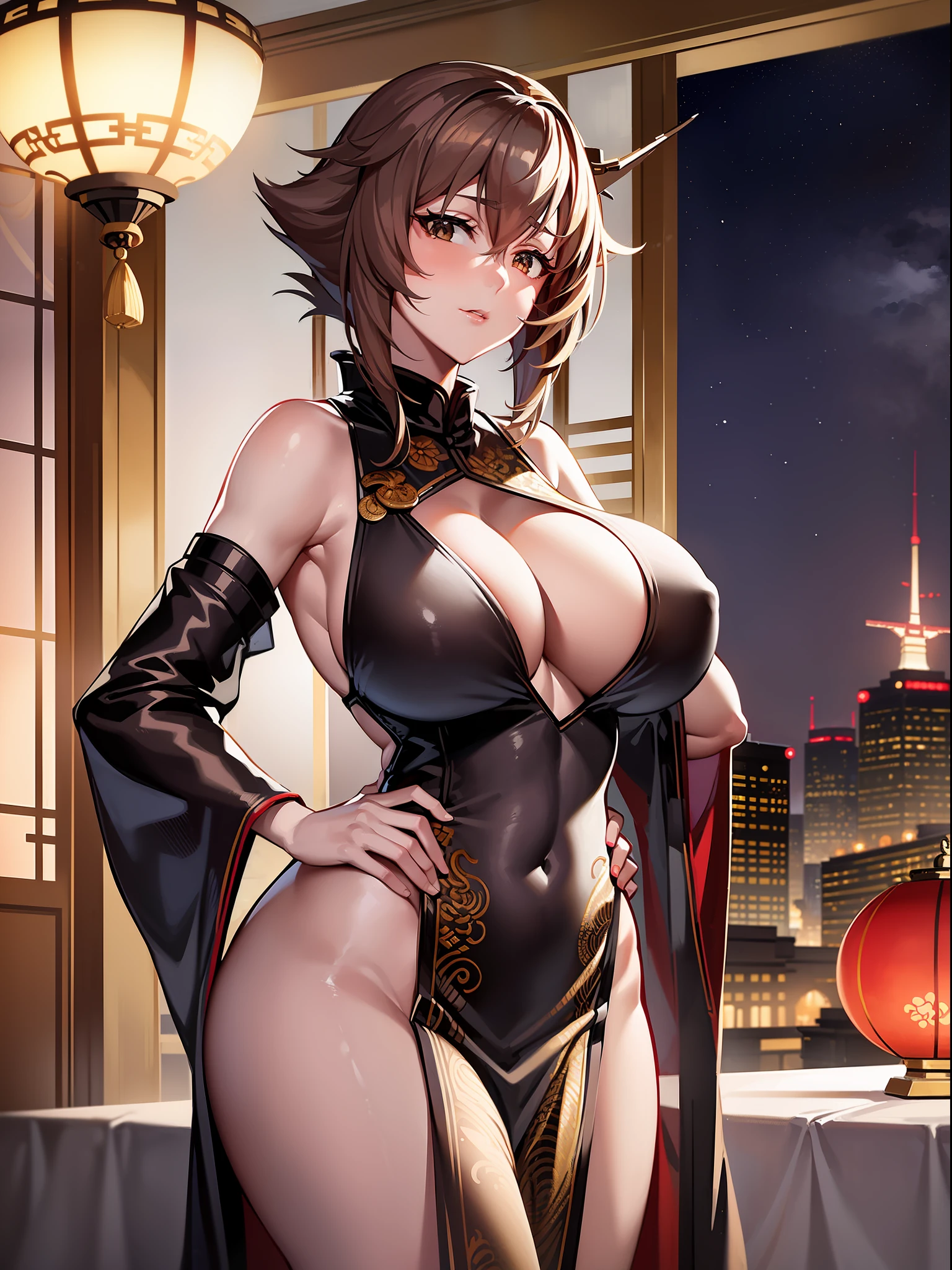 1 young adult woman, tall, mutsu(Kantai collection) body, huge breasts, erect tits, white skin, 1 beautiful belly button, beautiful body, 2 human hands, five fingers,  red color and gold decoration long chinese dress, standing style, hand on waist, luxury restaurant, large window, midnight, night view, black eyes, Masterpiece