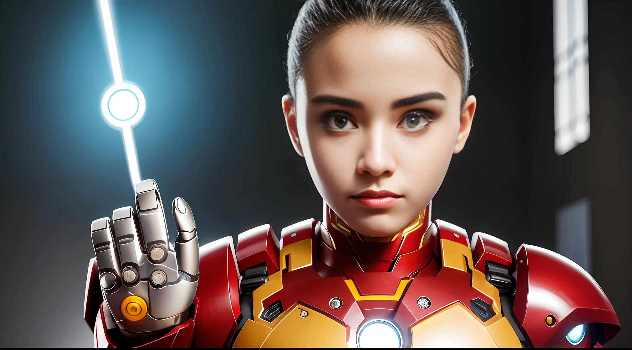 Highest image quality, highest resolution, 8K, human face, mechanical body, modified person, delicate facial features, 14-year-old girl's face, robotic arm, and a miniature nuclear reactor like Iron Man on his chest