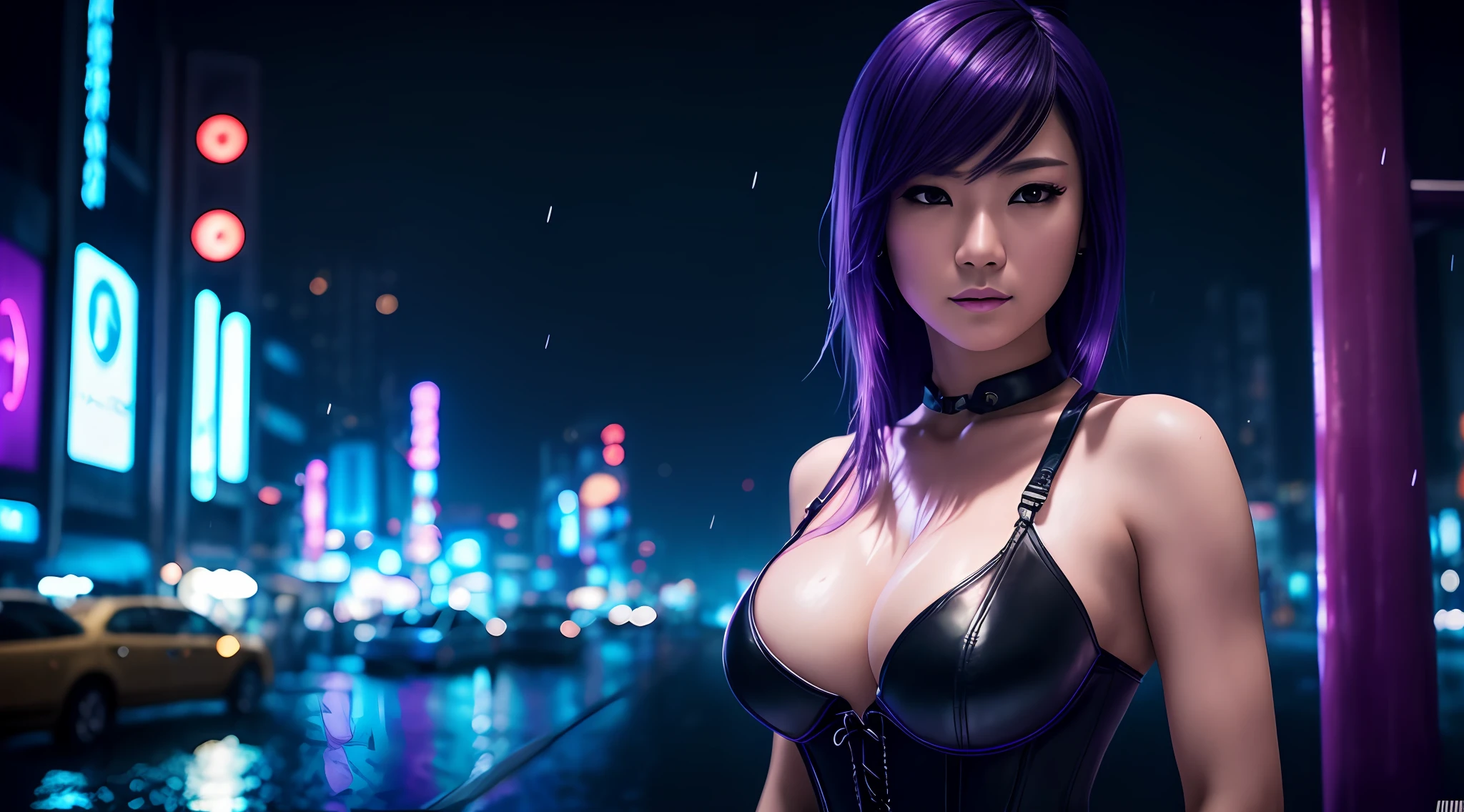 Japanese female portrait,raining,rain,waterdrops,perfect physica,sensual,neon violet led hair long, beautiful&a, intimidating, small body,black leather corset,raincoat,realistic cinematic top 8k body,storm,rain,lightning city cyberpunk blue led city background,lighting,grumpy,big boobs,8k,(high quality:1.1), (cinematic feel:1.1), dark and deep shadows,  incredibly intricate detailing, art, (up close: 1.1), from above, looking at the observer, (bright light: 1.1), (chromatic aberration,: 1.2) --auto --s2