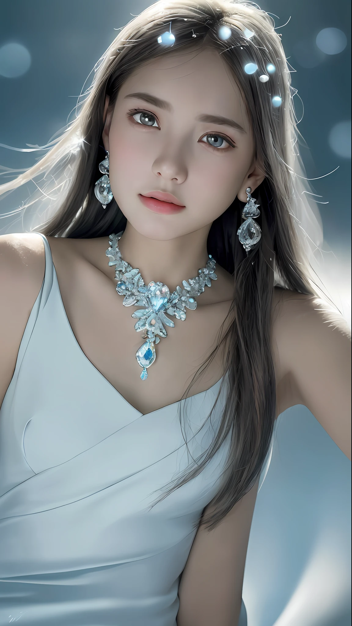 masterpiece, best quality, illustration, sax blue, platinum earrings, platinum necklace, white dress, 1girl, cute, (dynamic lighting:1.2), cinematic lighting, delicate facial features, detailed eyes, sharp pupils, realistic pupils, depth of field, bokeh, sharp focus, (hyper-detailed, bloom, glow:1.4), many small gems