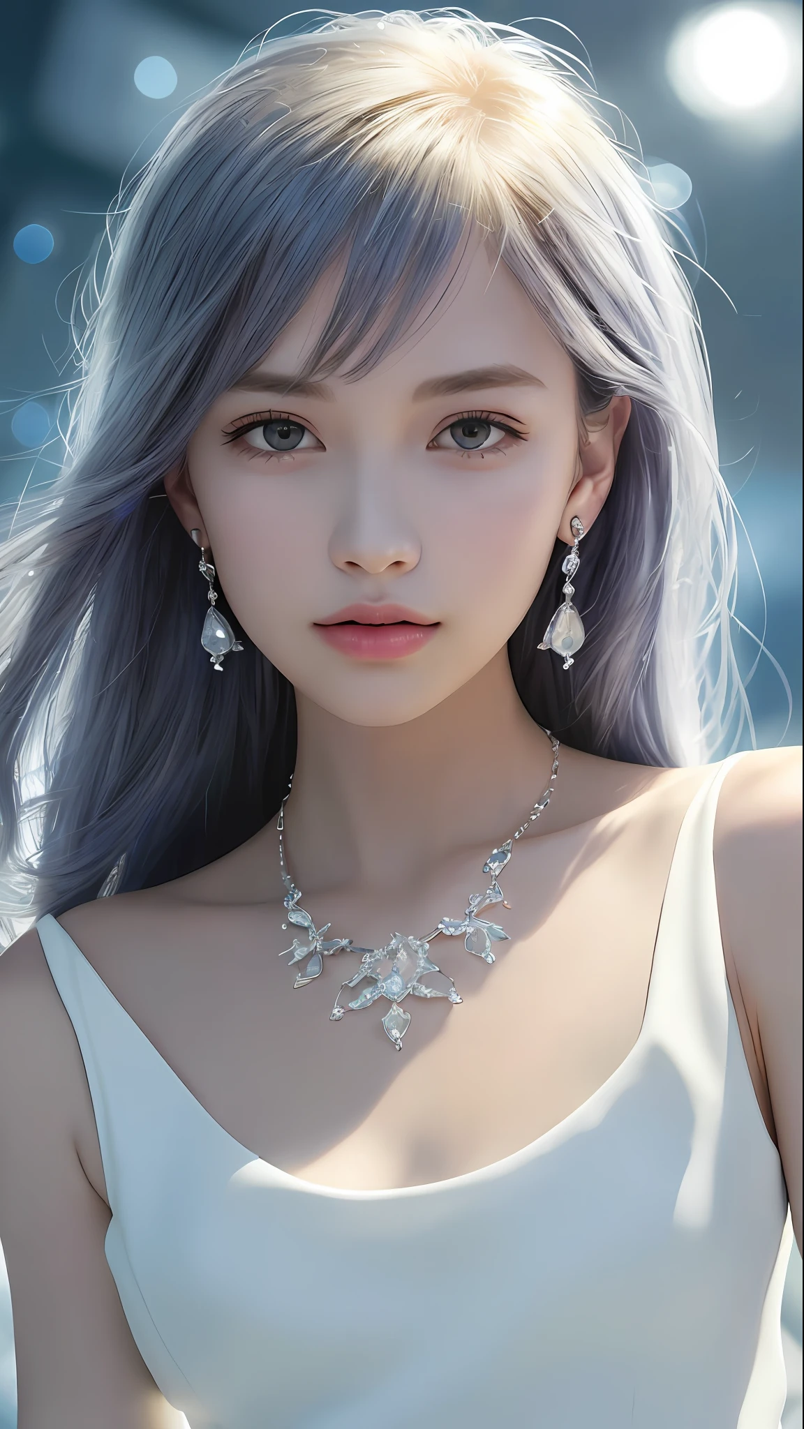 masterpiece, best quality, illustration, sax blue, platinum earrings, platinum necklace, white dress, 1girl, cute, (dynamic lighting:1.2), cinematic lighting, delicate facial features, detailed eyes, sharp pupils, realistic pupils, depth of field, bokeh, sharp focus, (hyper-detailed, bloom, glow:1.4), many small gems