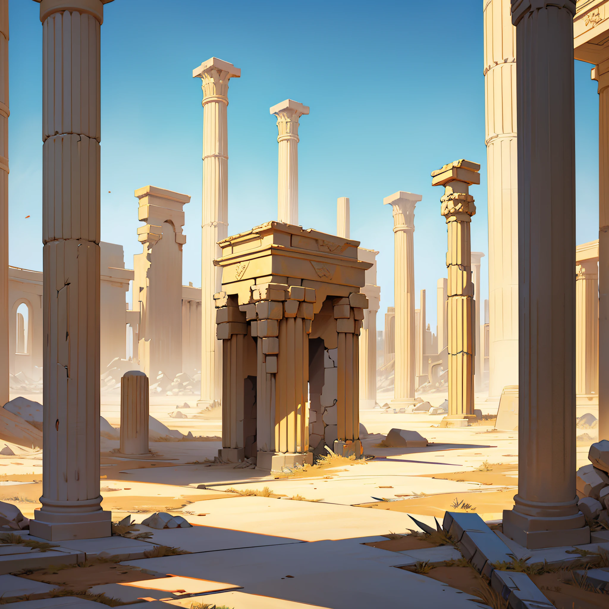background, desert, ruin, anime style, yellowish colors, naruto style painting, destroyed pillars, strong strokes, japanese drawing style, realistic blue sky, cartoonized, japanese drawing style. Pillars on the ground, pueira, destroyed, circular pillars --auto --s2