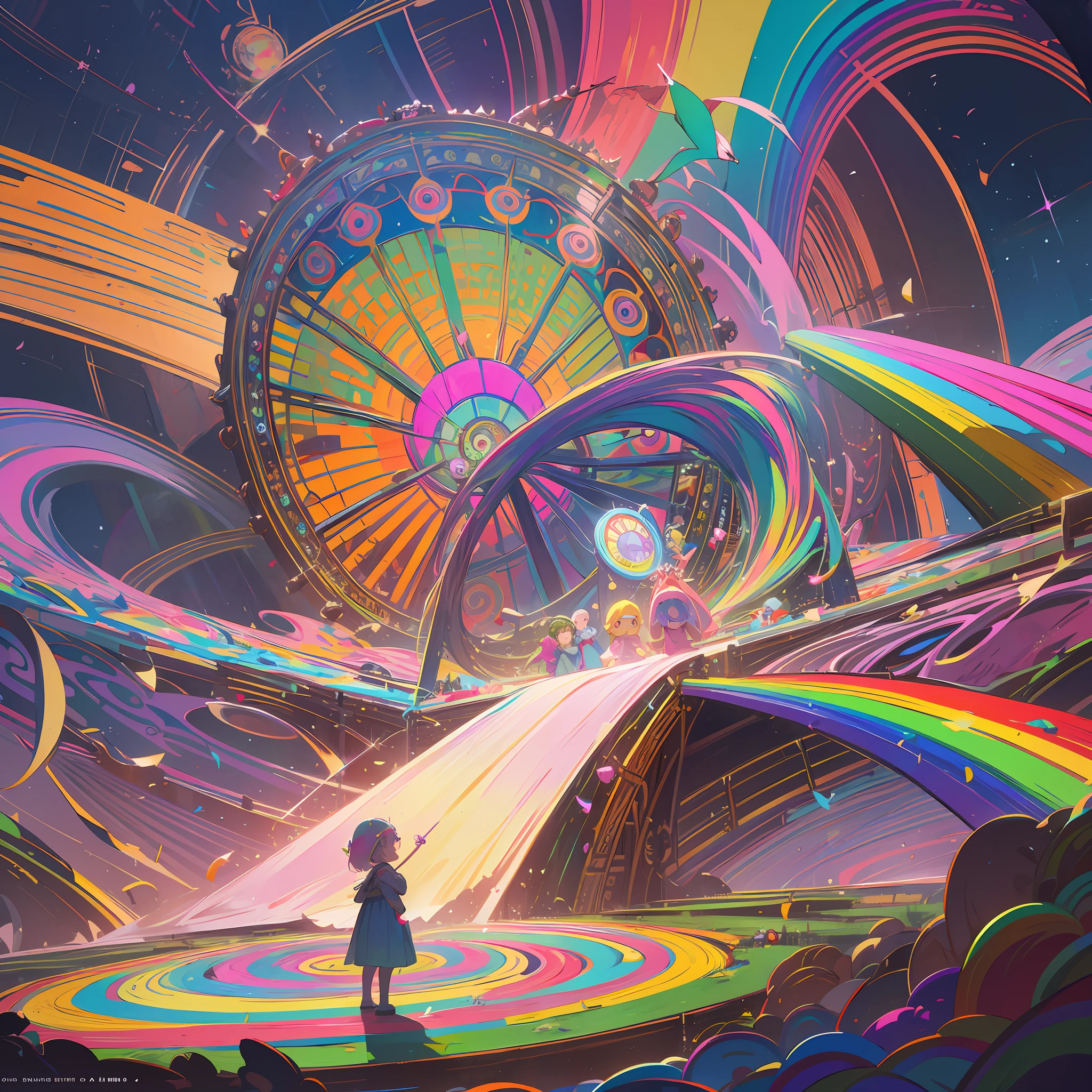 I need you to create a drawing, illustrated, colorful, of a children's TV show scenario with reference to the Xou da Xuxa, a stage with many beautiful and childish elements, a pink and yellow flying saucer in the center, left side, a waterfall full of fairies flying, and a sympathetic sun with a mustache and long eyelashes, right side a giant wheel in peacock shape and a rainbow, the floor, the continuation of the rainbow and a large lipstick mark on the stage, set for capacity of 250 children --auto --s2
