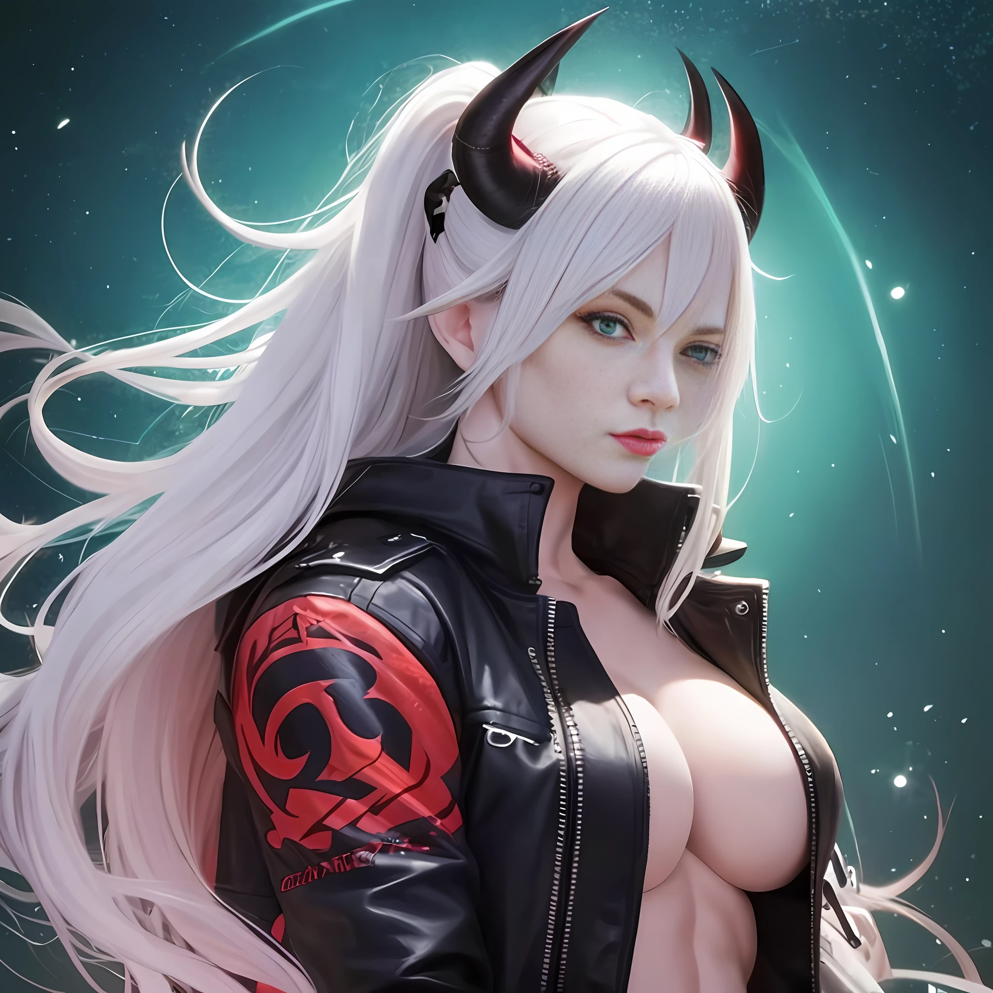 High resolution, 8k, anime style, couple, man, green eyes, white hair fulfilled, demon horns, muscular, viking style, jeans, black jacket, no shirt, a woman next to you with red hair blue eyes, wearing a sexy black outfit, with defined body, large breasts, red lips with demon horns