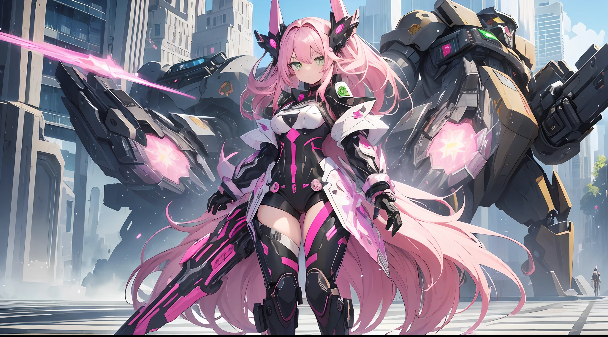 (((masterpiece)))fullbody,fullbodyshot (1 girl)(((pink hair, long hair,straight hair,two side up))), (((green eyes))),eyeshadow, eyeliner,glow eyes, hyper detailed eyes, intricate eyes, beautiful eyes, detailed eyes,((star-shaped pupils,glowing pink pupils))18-year-old girl.((wearing a Transparent jacket made of PVC material)).huge cool Gatling in hands, huge cool weapon machine, mecha, mechanism, machine, open stance,
