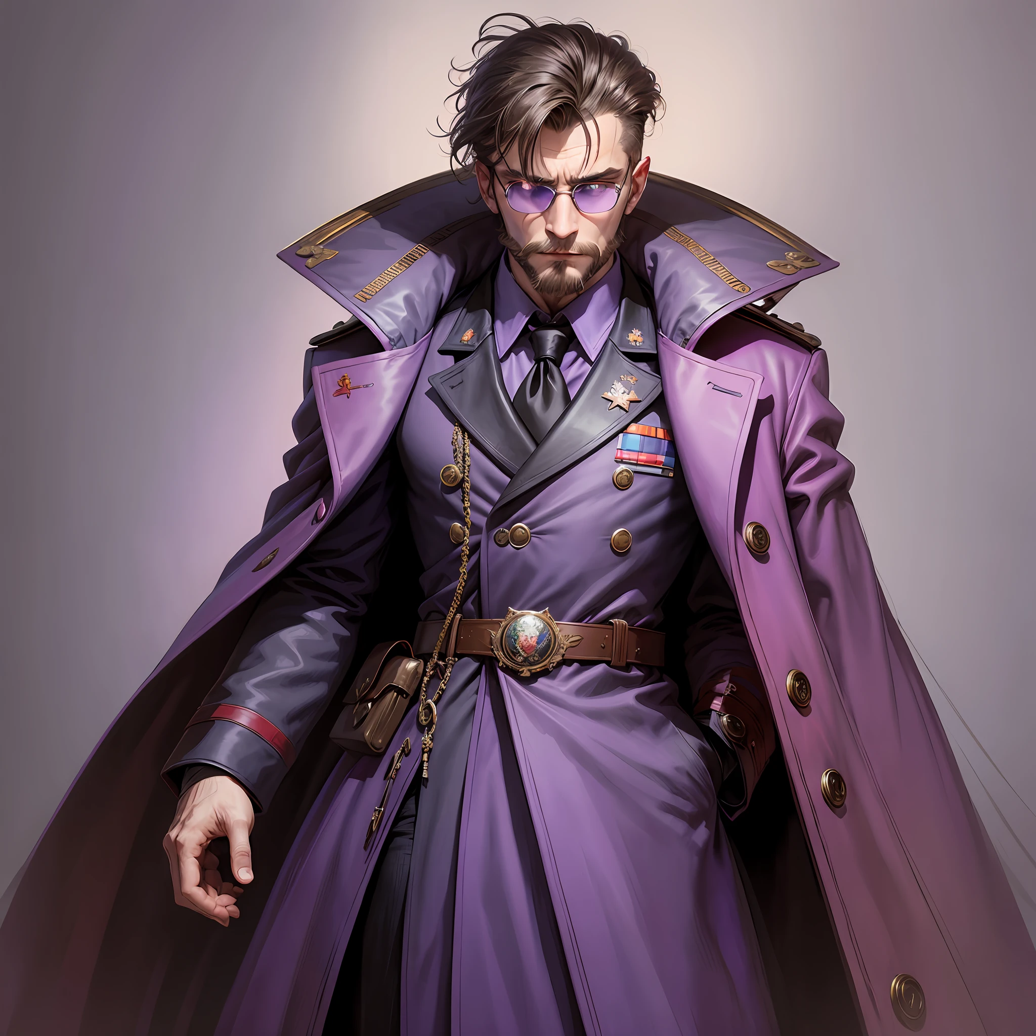 insane looking russian man in purple soviet military overcoat,front view,long black and messy hair, arendonated glasses, --auto --s2