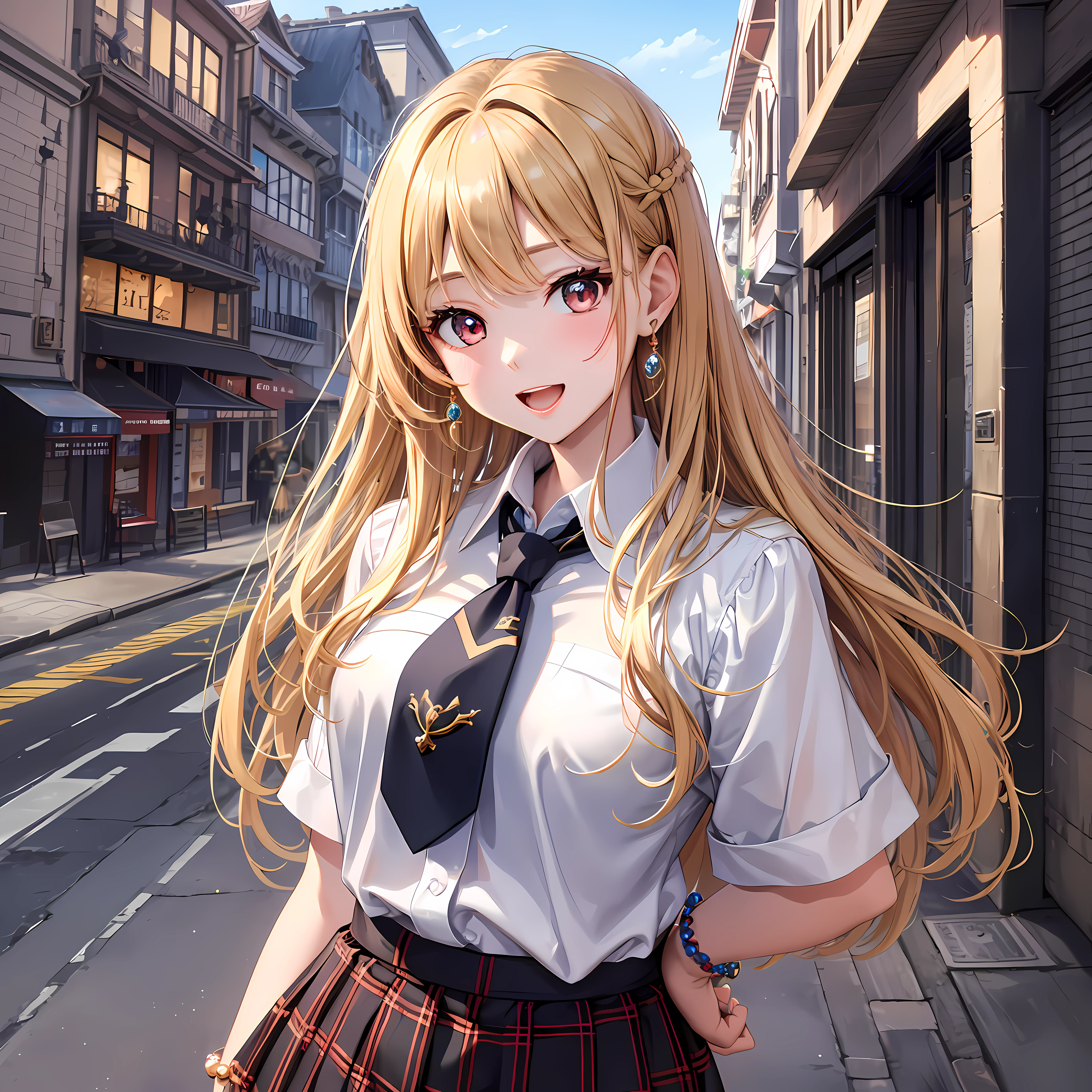 4K, Masterpiece, highres, absurdres,natural volumetric lighting and best shadows, deep depth of field, sharp focus, soft delicate beautiful attractive face,bisquedoll anime style ,kitagawa marin, 1girl, :d, upper body, bead bracelet, beads, black necktie, blonde hair, blue skirt, blush, bracelet, hand on own hip, jewelry, long hair, looking at viewer, necktie, open mouth, plaid, plaid skirt, red eyes, school uniform, shirt, outdoors, skirt, smile, solo, standing,white background, white shirt,