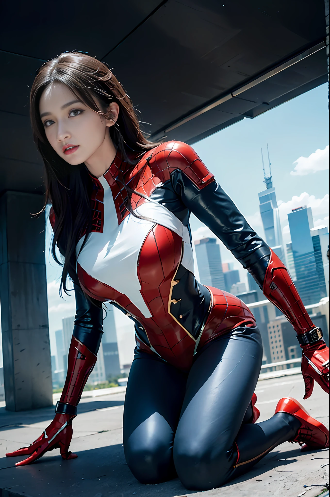 RAW, Masterpiece, Super Fine Photo,, Best Quality, Ultra High Resolution, Photorealistic, Sunlight, Full Body Portrait, Stunningly Beautiful, Dynamic Poses, Delicate Face, Vibrant Eyes, (Side View) , she is wearing a futuristic Iron Lady Spiderman costume, very detailed background, detailed face, detailed and complex busy background, messy, gorgeous, milky, high detailed skin, realistic skin details, visible pores, sharp focus, Volumetric fog, 8k uhd, dslr, high quality, film grain, fair skin, photorealism, lomography, sprawling metropolis in a futuristic dystopia, view from below, translucent