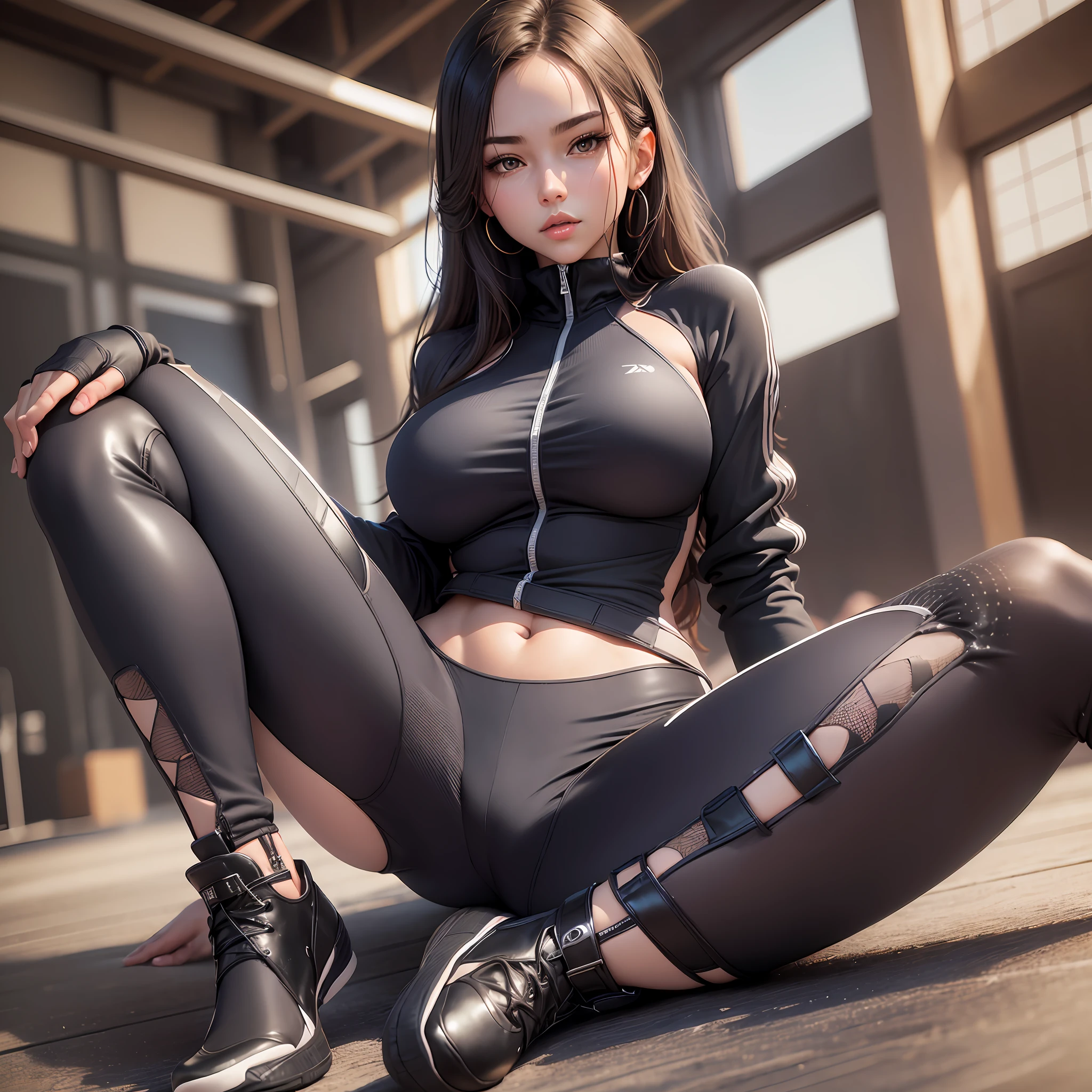 1 girl, sitting cross-legged, sexy seductive pose, (single, full-body, young, big breasts: 1.2), detailed face, shiny skin, skinny, long legs, intricate details, sportswear and tight sweatpants, clothes and pants with elastic breathable material, perfect fit to the figure, look at the audience.