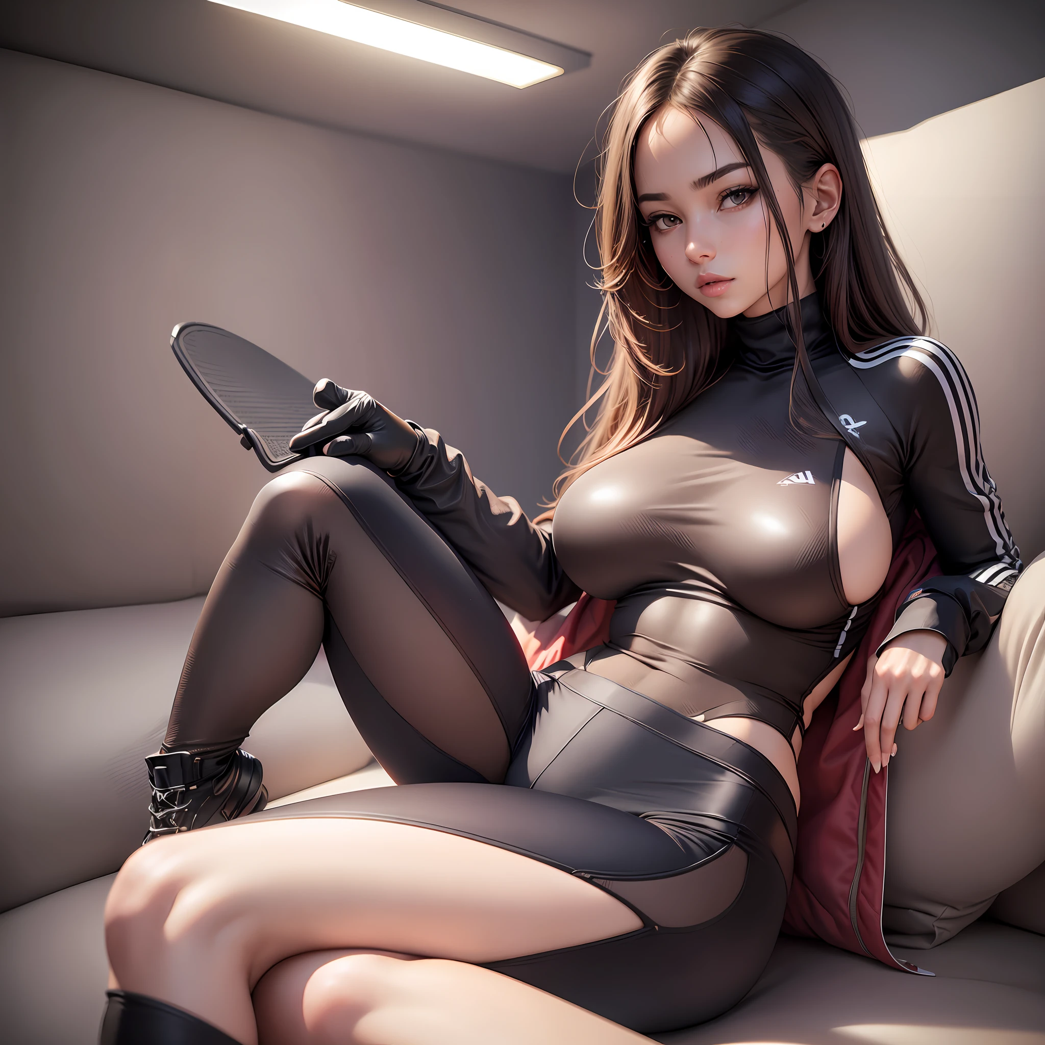 1 girl, sitting cross-legged, sexy seductive pose, (single, full-body, young, big breasts: 1.2), detailed face, shiny skin, skinny, long legs, intricate details, sportswear and tight sweatpants, clothes and pants with elastic breathable material, perfect fit to the figure, look at the audience.