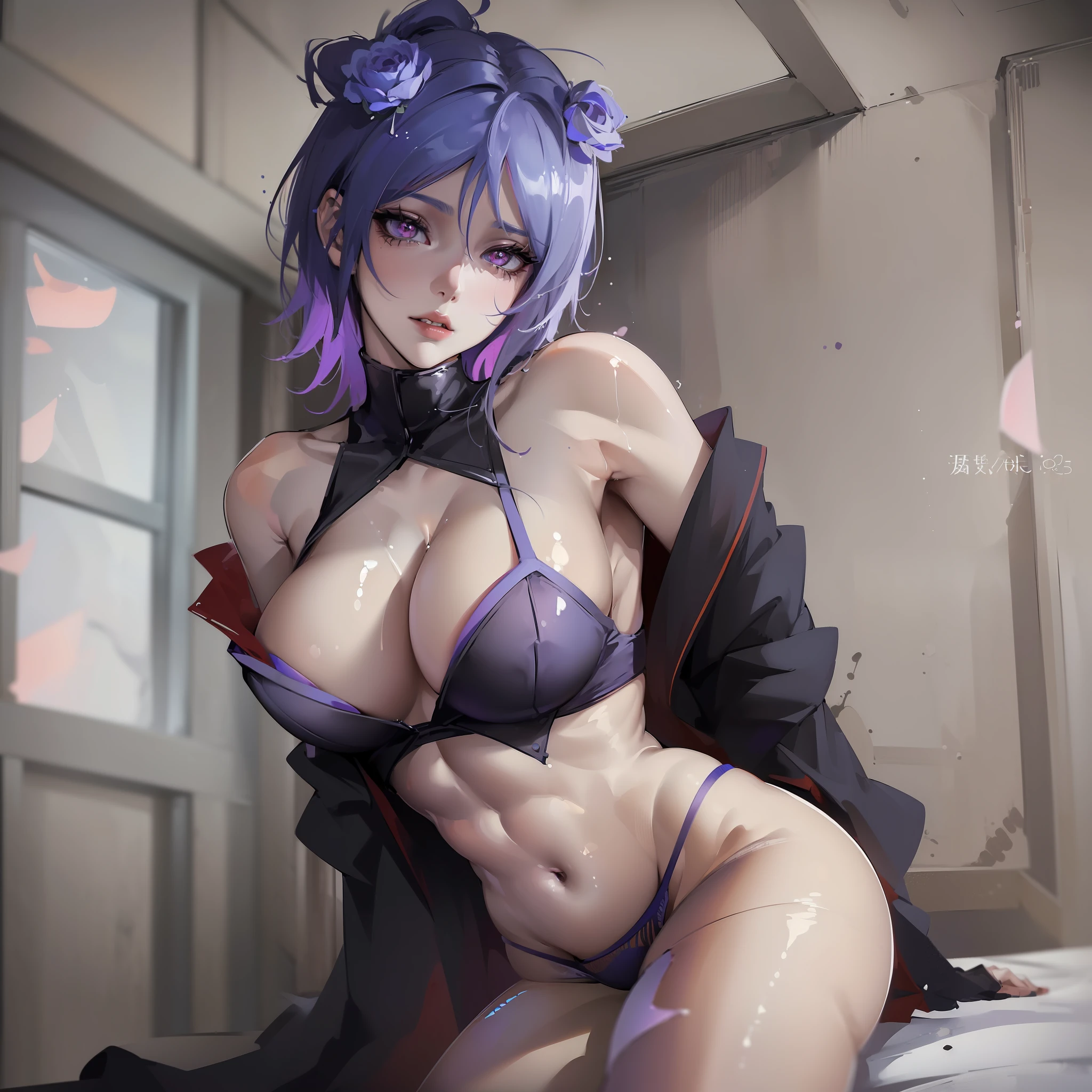 ((Best quality, 8k, Masterpiece :1.3)), dramatic lighting, Konan Naruto Akatsuki, beautiful woman, 1girl, huge breasts :1.3, (firm abs, slender figure :1.1), lustful, short purple hair, orange eye,(panties :1.1), ultra-detailed face, detailed lips, detailed eyes, double eyelid, bed, boudoir